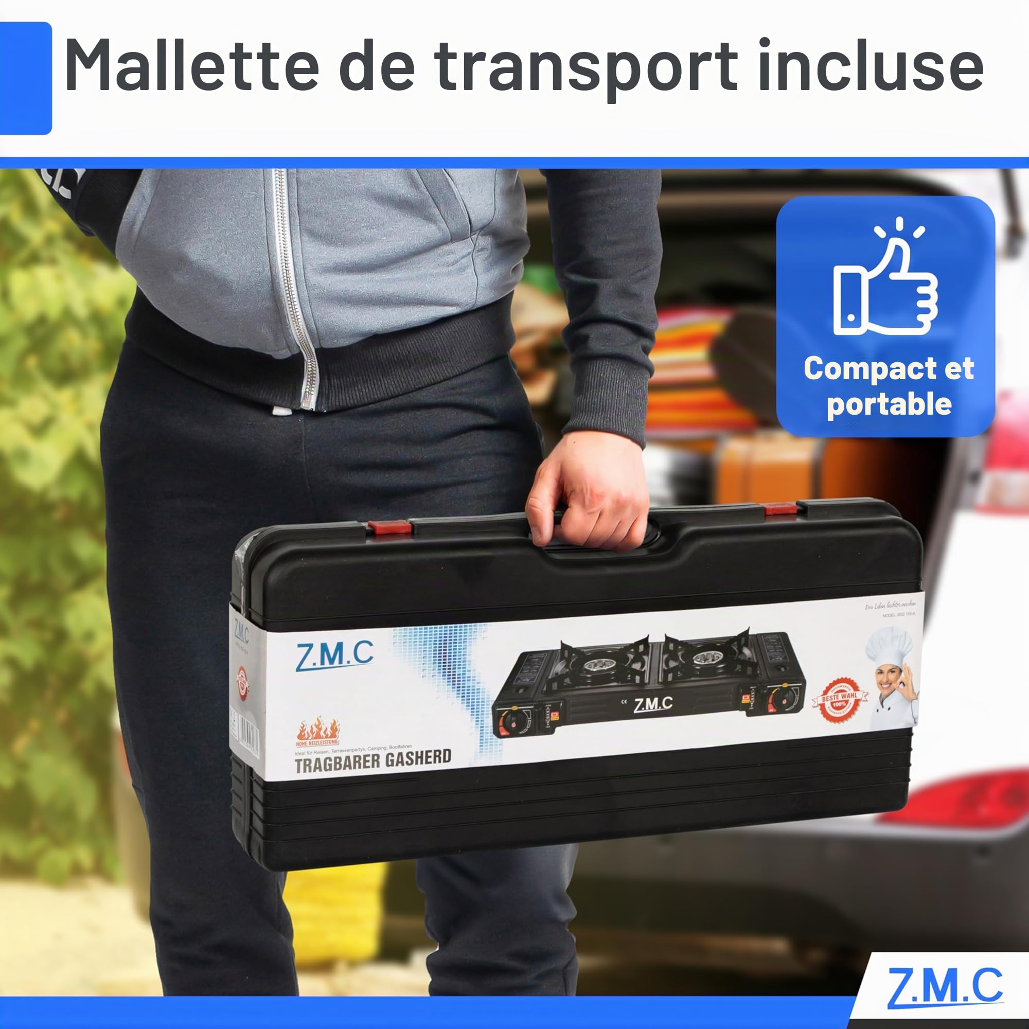 Z.M.C ZMC Réchaud à gaz de camping 2 feux 45x24 cm avec allumage piézoélectrique + adaptateur GPL + 8 cartouches 227 g