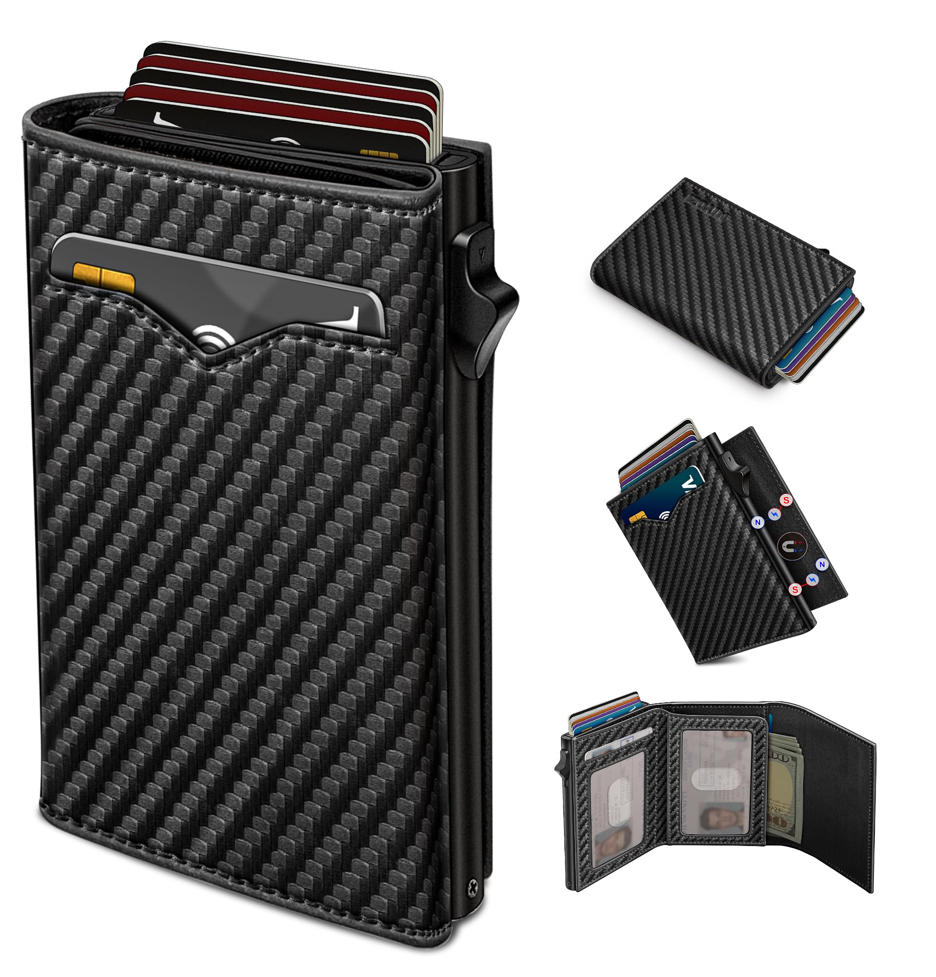 miyozi Wallet for Men,with Cash Pocket 2 ID Window 9-13 Cards,Metal Case Smart Slim Pop Up Credit Card Holder Flip with Magnetic Closure RFID Blocking Trifold wallet with Gift Box