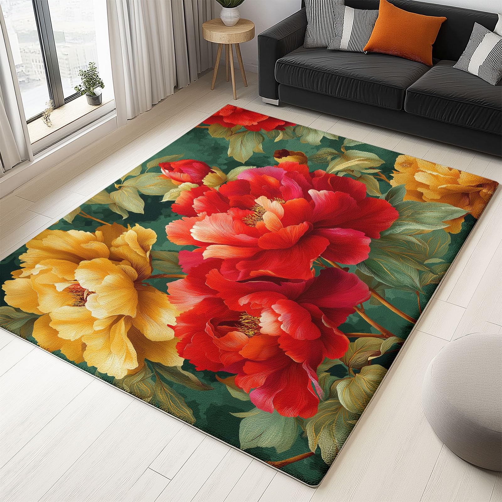 Tapis de salon fleurs pivoines et feuilles vertes pour chambre enfant