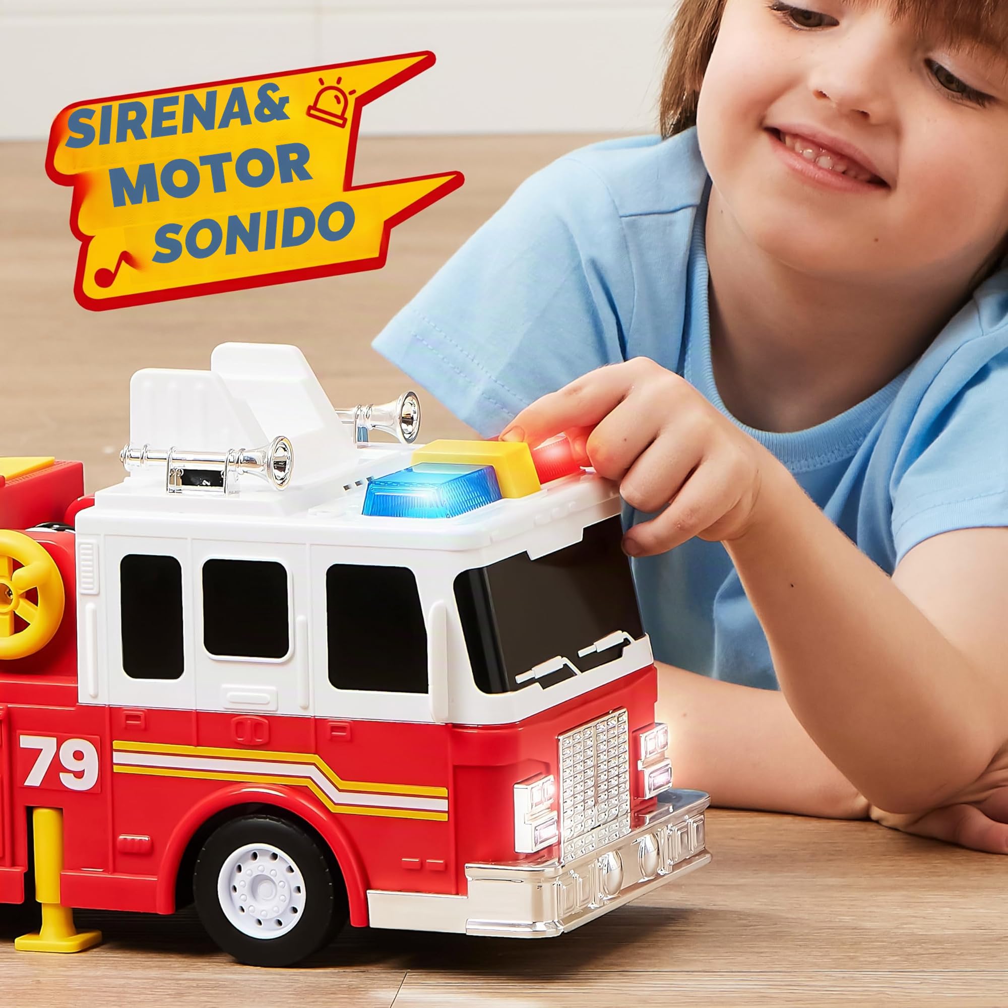 JOYIN Camión de Bomberos de Juguete Grande a Partir de 2 3 4 años, con Escalera de 83 cm, Coche de Juguete, Cuerpo Bomberos, Pulsadores Eléctricos, Luces, Sirenas, Manguera Giratorio y Bomba de Agua