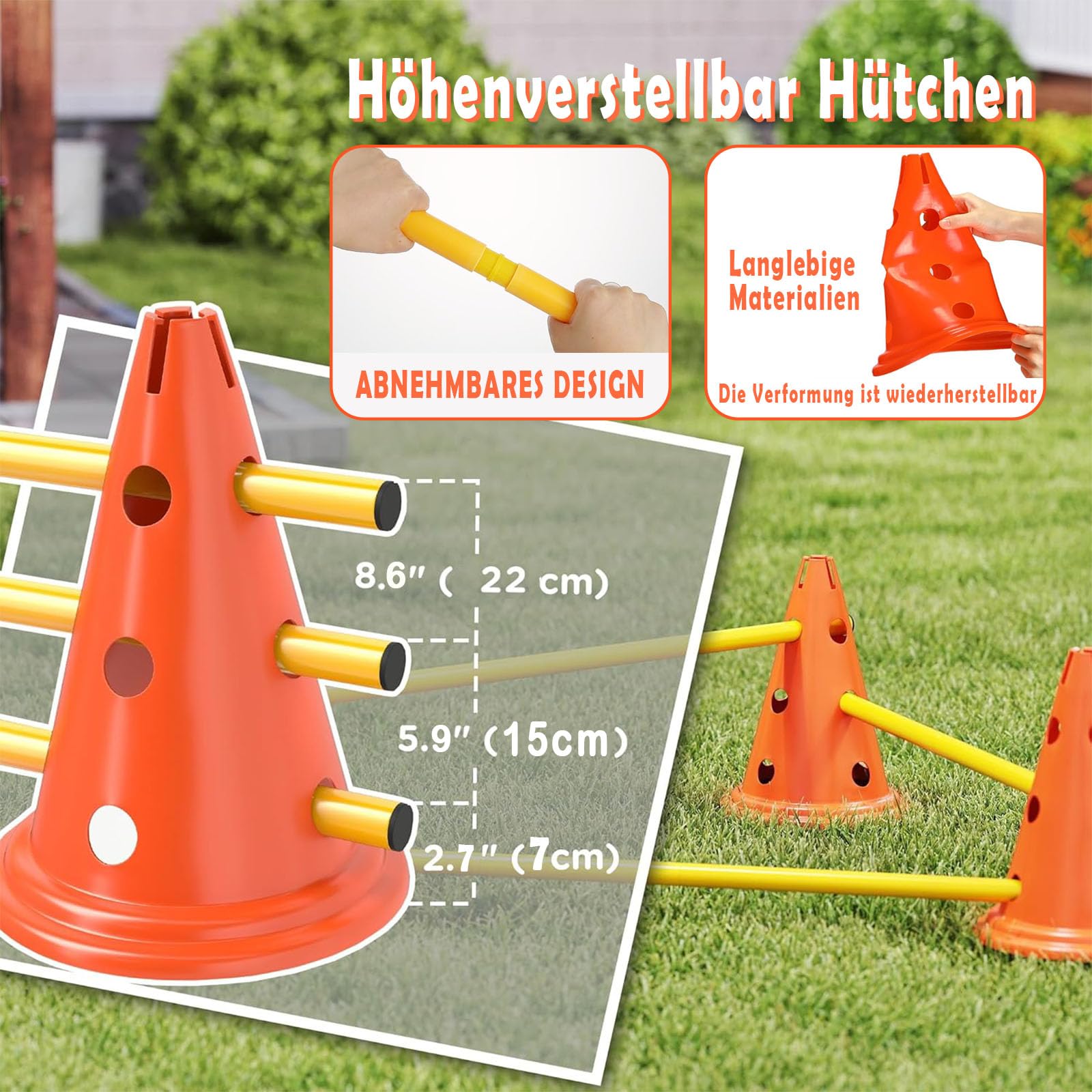 Accessori per allenamento da calcio, scala di coordinazione da 6 m con 12 coni, 4 ostacoli con 8 coni + 4 barre, palla di reazione, paracadute di resistenza, aste per slalom, set per