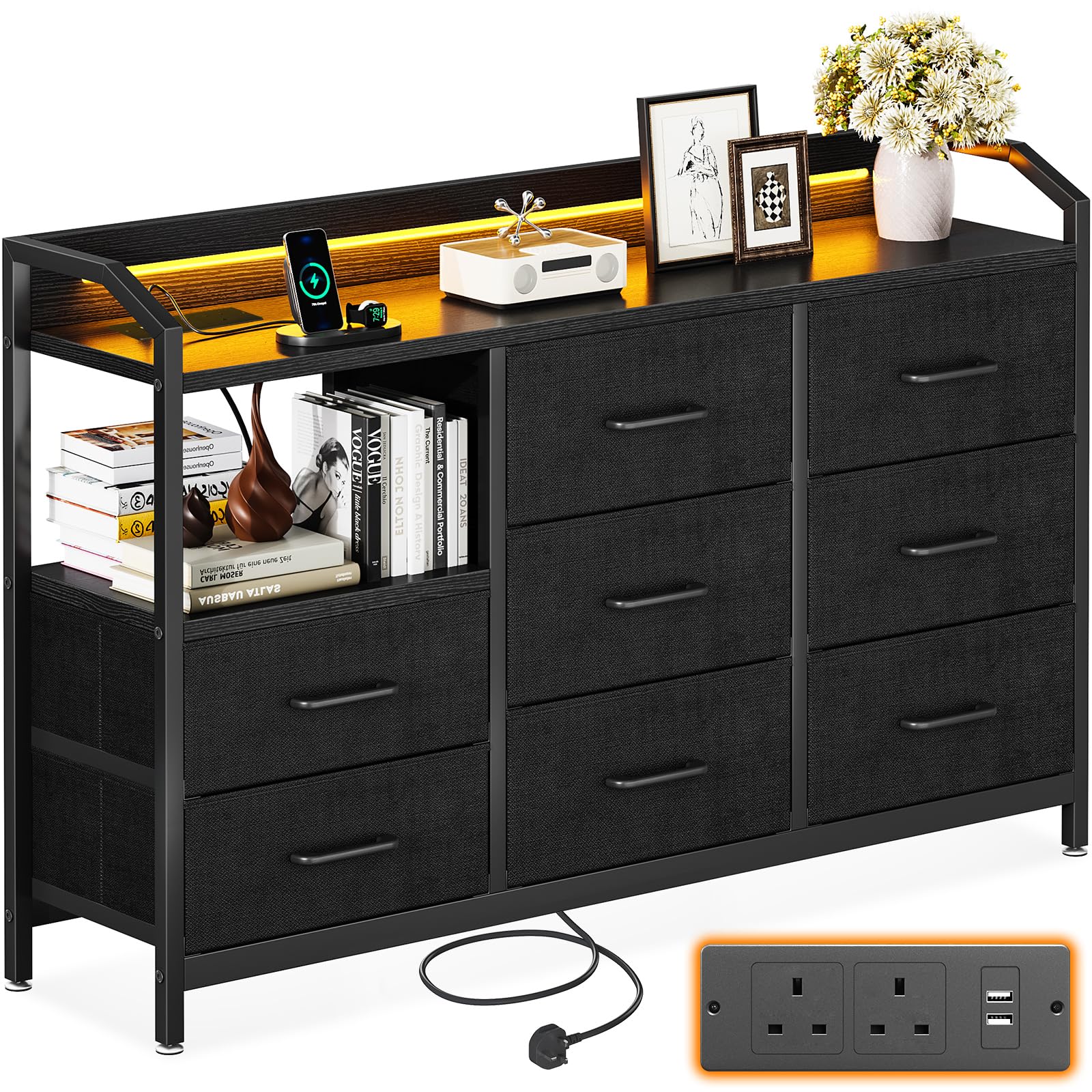 ODK Black Chest of Drawers Bedroom, with LED Light trip with 10 Adjustable Colors and 2 USB and 2 AC Outlets, Includes 8 Large Fabric Drawers, Suitable for Bedroom, Living Room, 110 * 30 * 88, Black — image 1
