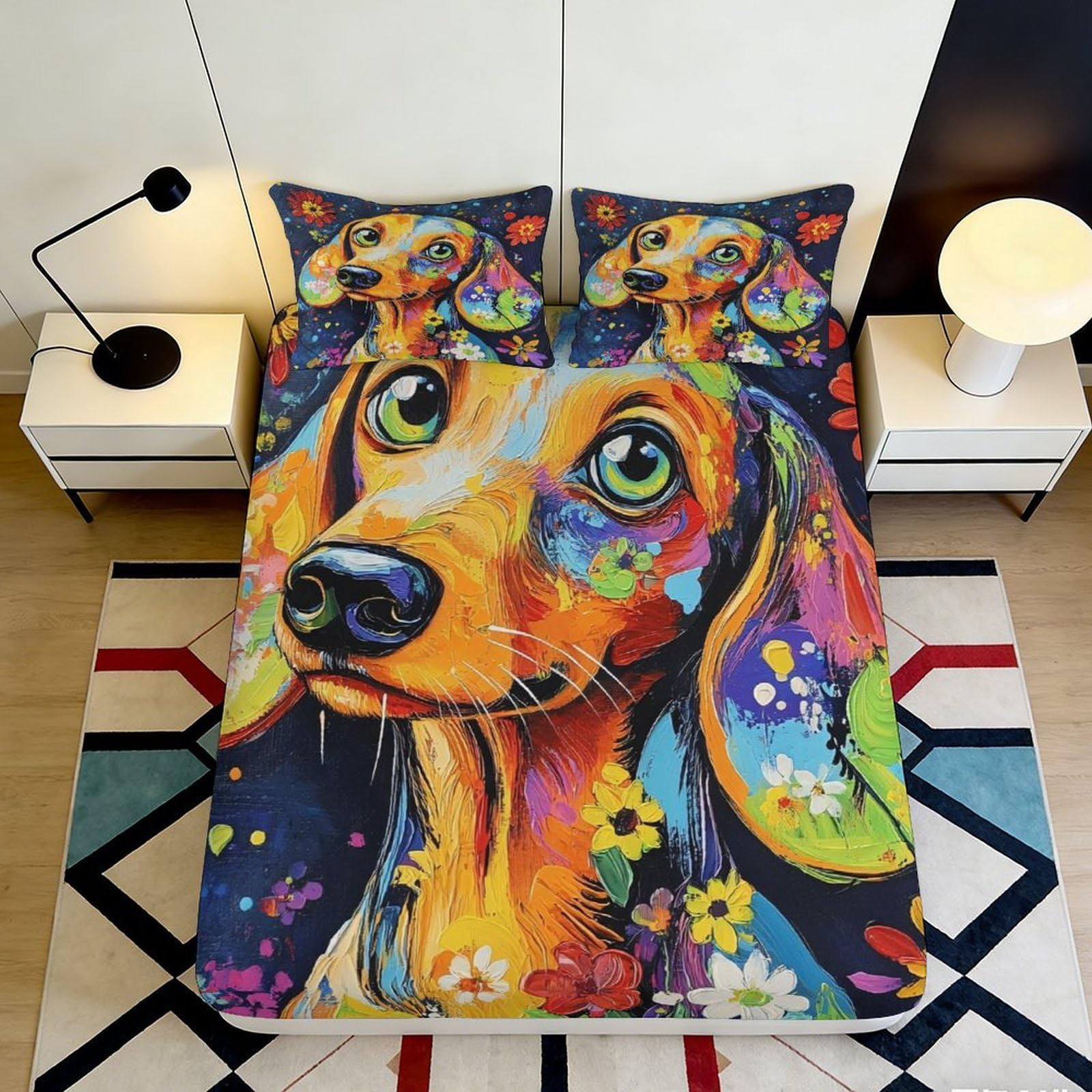 3D Printed Colorful Dachshund Fitted Sheet Microfiber Vibrant Dog Art Mattress Cover for Bedroom Dorm Mattress Protection Decor 140x200x25cm