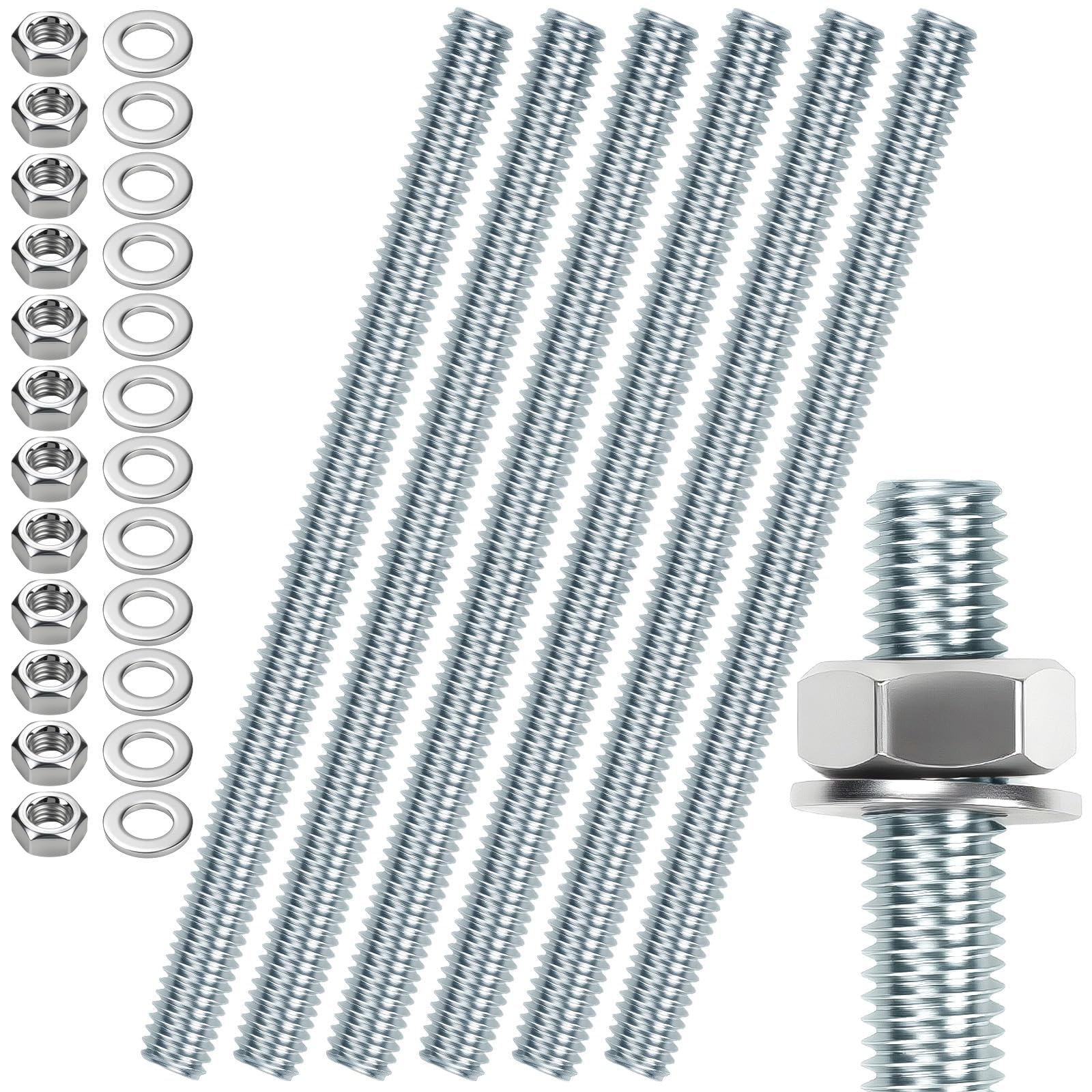 sturiz 6pcs Threaded Rod M8x200mm Bolts and Nuts Threaded Bar Galvanised Steel Threaded Pins for Anchor Bolts Screws with Nuts and Washers