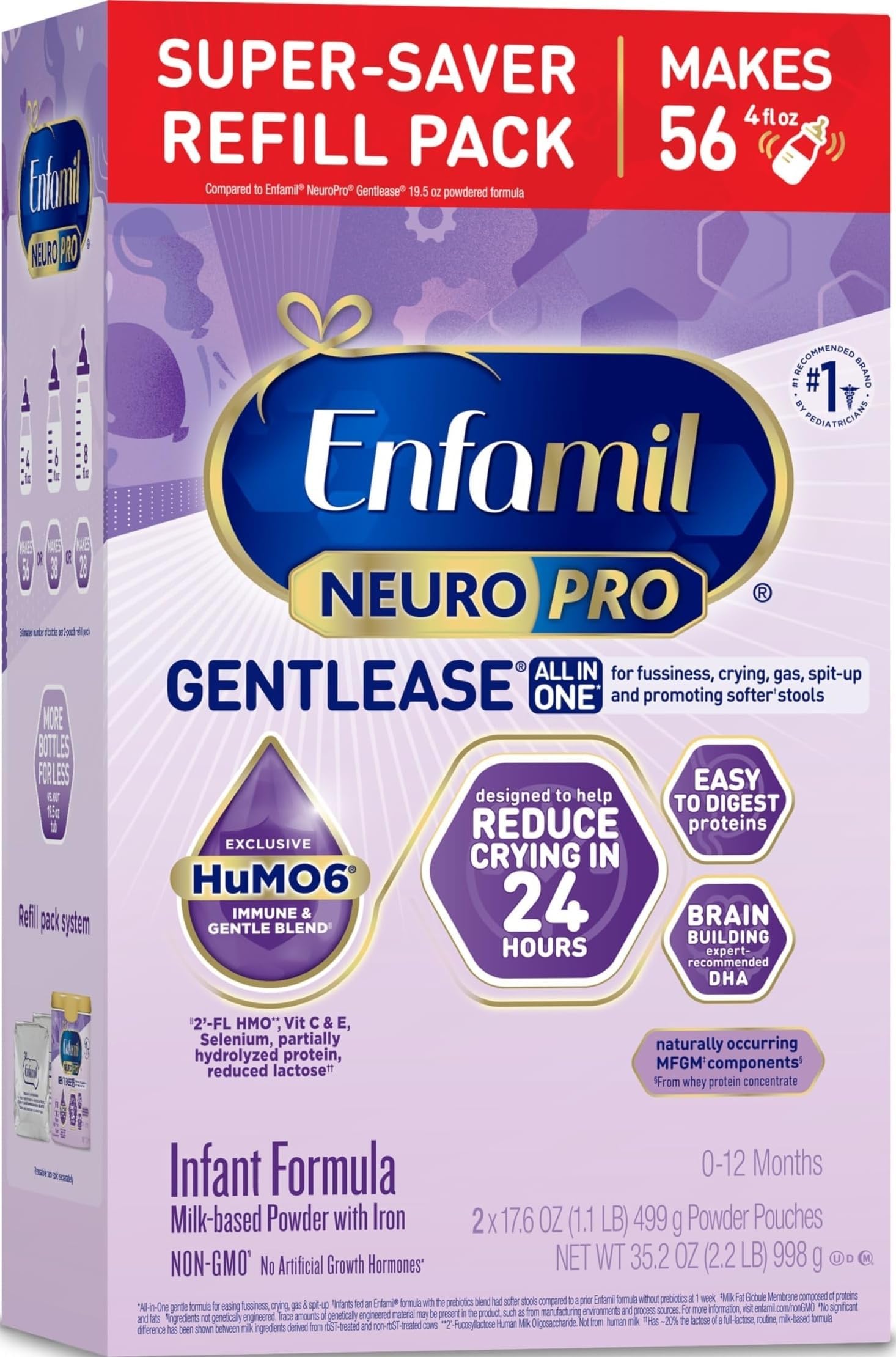 Enfamil NeuroPro Gentlease for easing Fussiness, Crying, Gas, Spit-up in 24 Hrs, Smaller Proteins for Easy Digestion, Brain Supporting DHA, Prebiotic Blend, HuMO6*, Baby Formula, Powder Refill Box, 35.2 Oz