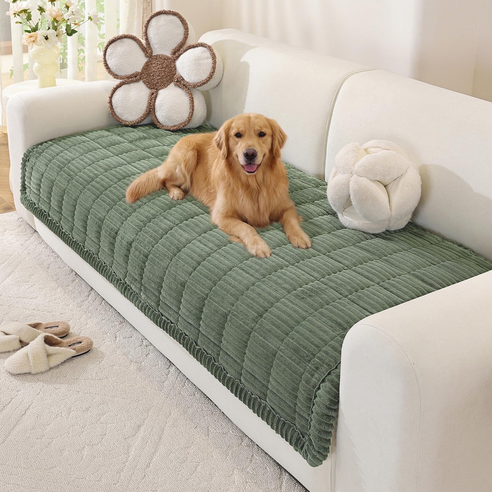 OstepDecor Sofa Covers 2 3 4 Seater, Pet Sofa Cover, Settee Covers, Couch Protectors for Dogs, L-Shaped Corner Couch Cover, Thick Soft Corduroy Fuzzy Pads for Pets and Kids (Green, 90x240cm) โ image 1