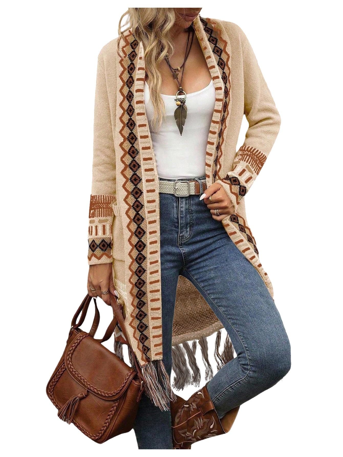 MakeMeChic Womens Open Front Long Fringe Cardigan Western Long Sleeve Boho Cardigan Sweater