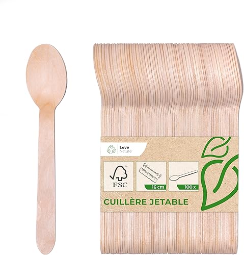 Love Nature Lot de 100 Cuillere Jetable - Couverts Jetables en Bois de Bouleau -