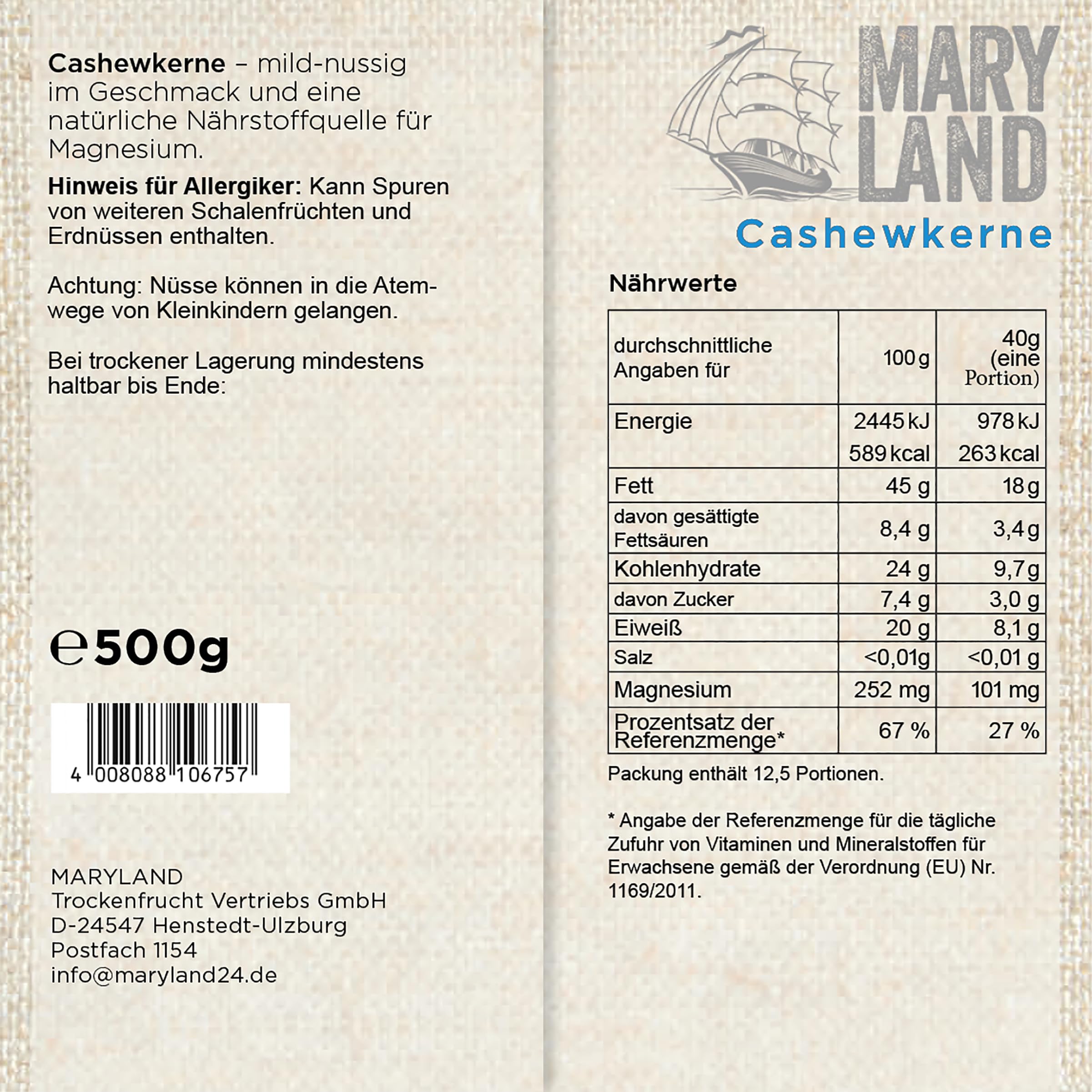 Maryland Cashewkerne 500g Beutel 5er Pack – Cashewkerne naturbelassen, vegan, frei von künstlichen Aromen, ohne Zusatzstoffe – Im Großbeutel Format genießen (5 x 500g)