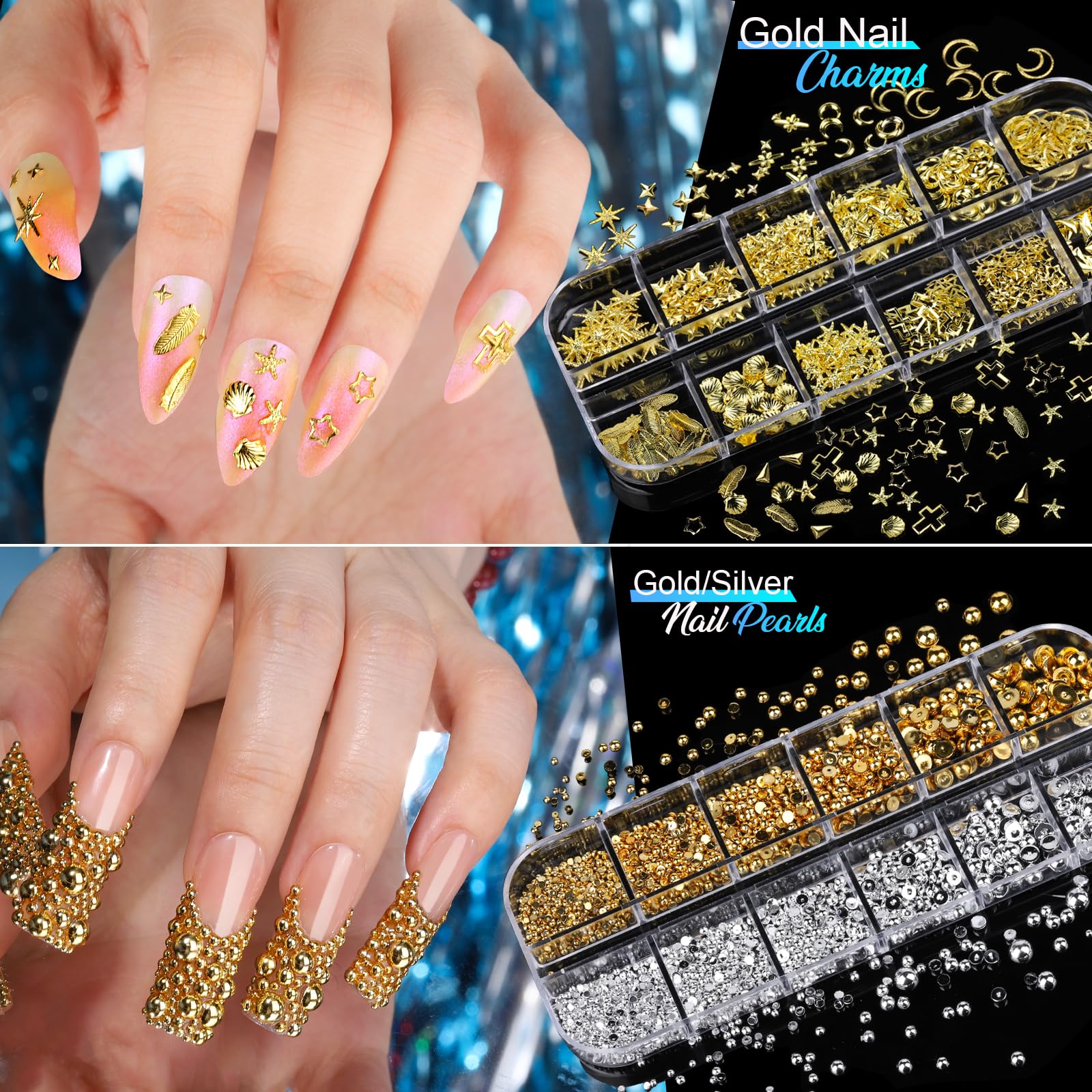 Dijes de uñas para kit de arte de uñas, 8 cajas de diamantes de imitación para uñas, perlas para uñas con 20 hojas de calcomanías de arte de uñas, dijes de uñas dorados 3D y gemas suministros 2