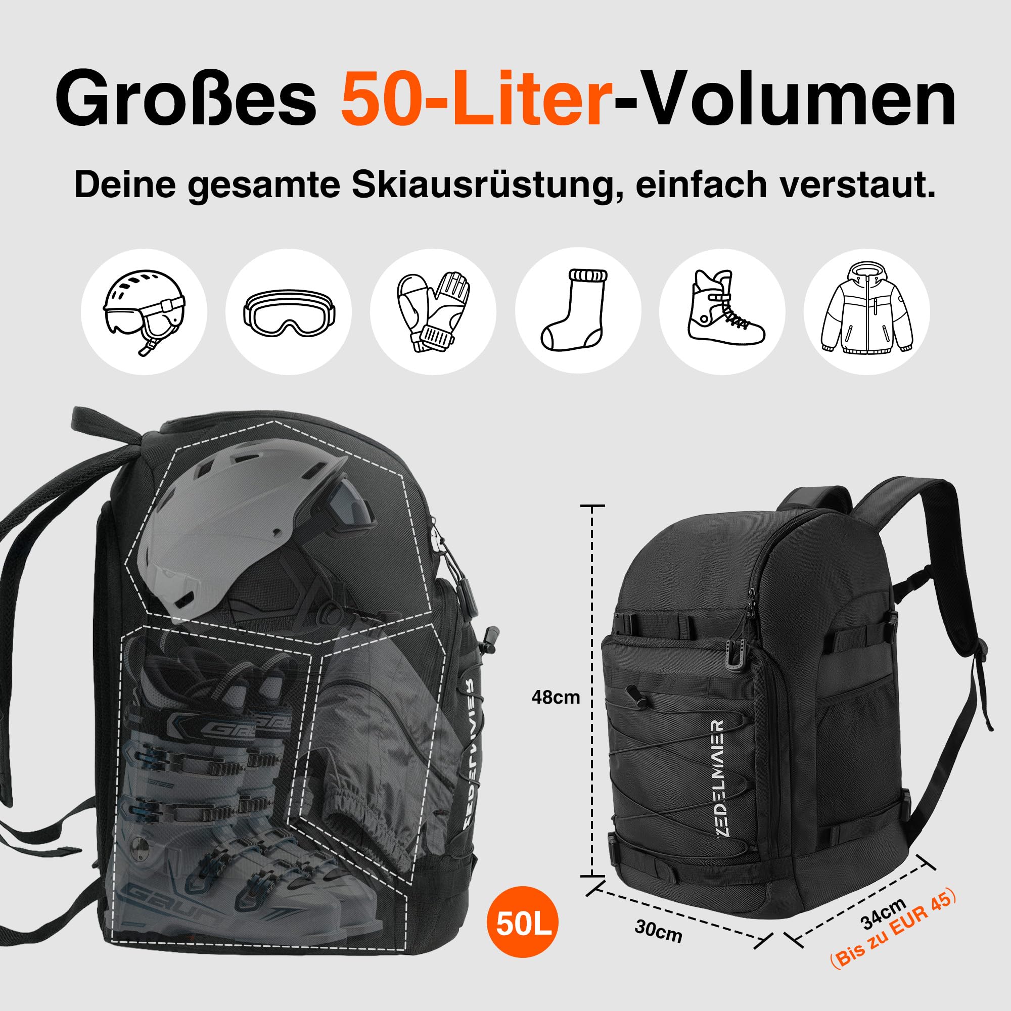 Zedelmaier 50L Skischuhrucksack Skirucksack für Helm Skischuhe & Ski/Snowboard Handschuhe 4-in-1 wasserfeste & Kratzfeste Skischuhtasche Skitasche für Skistiefel bis Größe 45 (30×34×48cm H Schwarz)