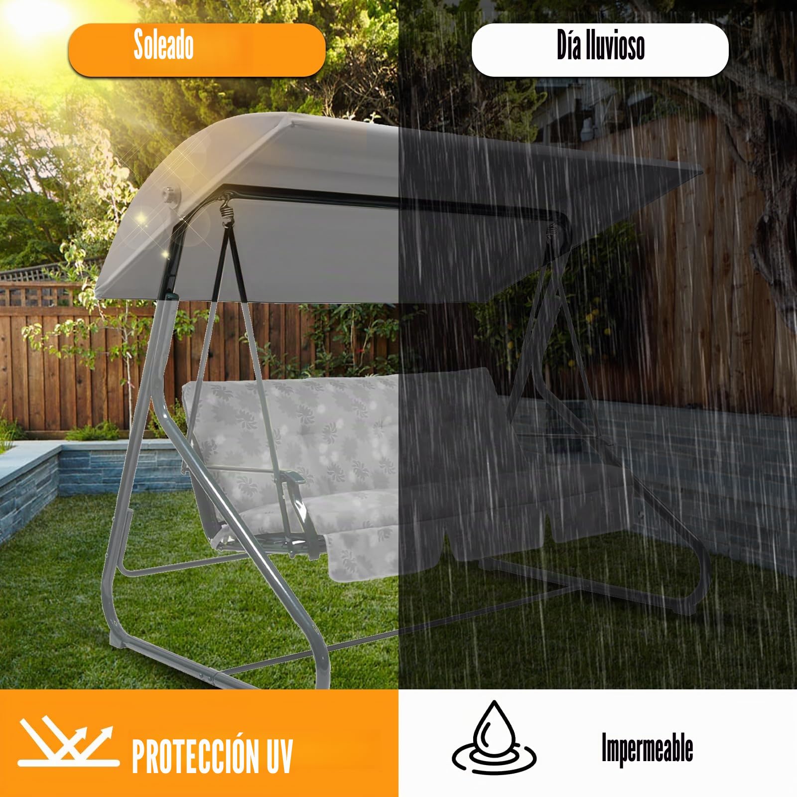 Cubierta superior de repuesto WingFly B&Q Colorado para columpio de jardín de 3 plazas, solo para actualizar la hamaca de jardín con columpio (204 X 117 cm, gris)