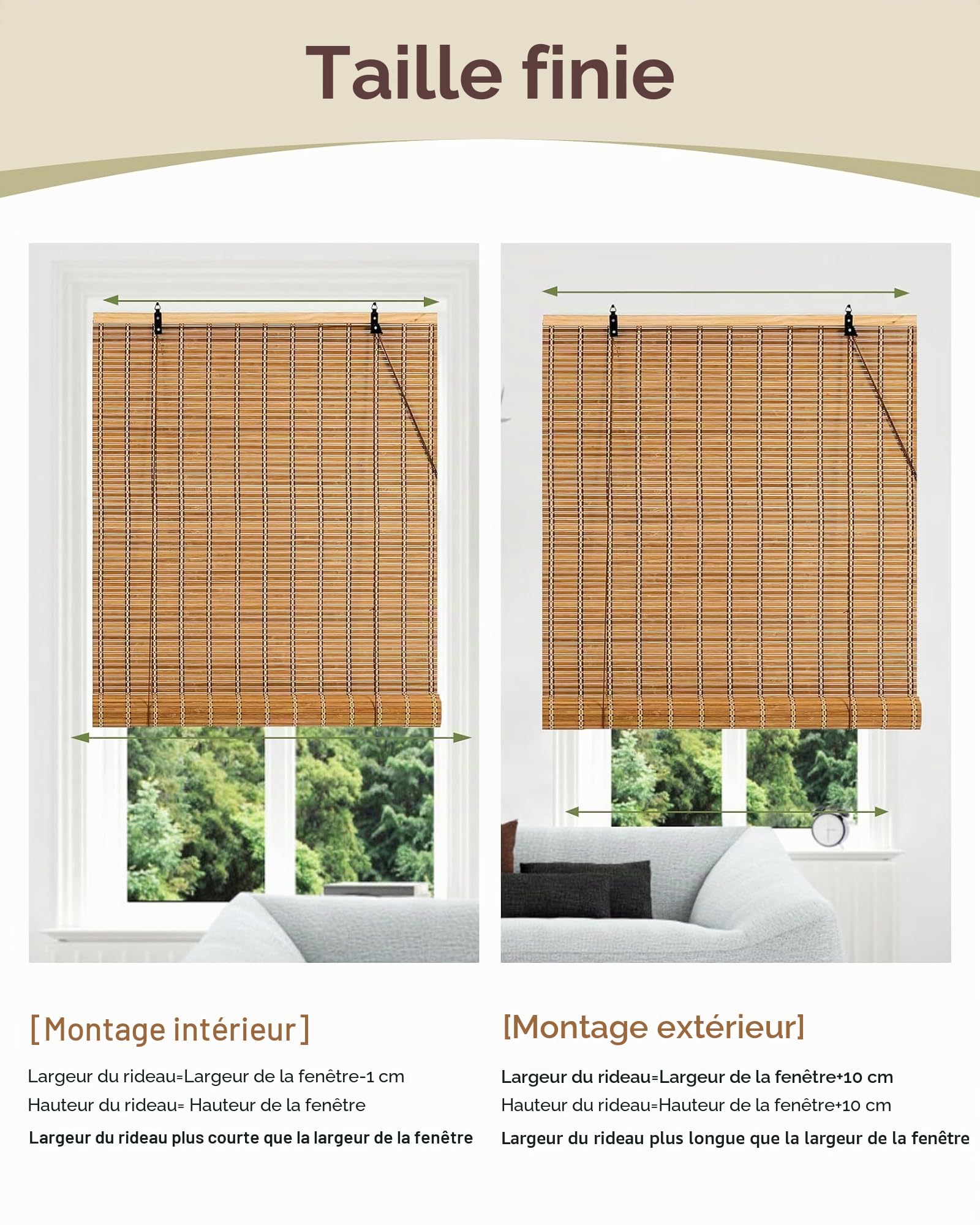 FoundGo Store en Bambou Volet Enrouleur Venitien de Protection Visuelle et Solaire Rideau Occultant à Traction Latérale pour Fenêtres et Portes Taille Personnalisée:WxL: 60x120cm