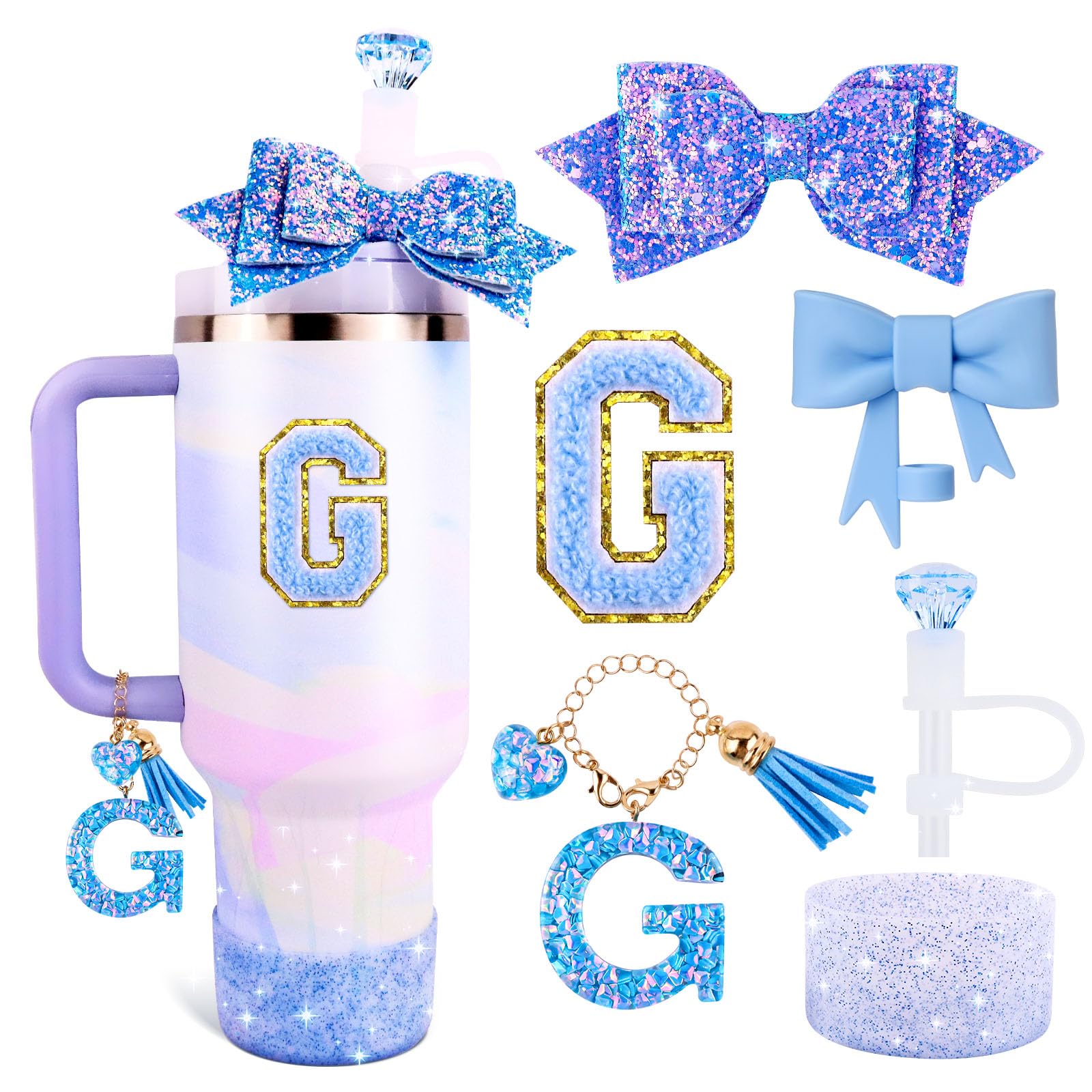 Blue Cup Accessories Set for Stanley 30OZ & 40OZ Tumbler with Handle, Letter Charms, Bow & Diamond Straw Covers, Glitter Silicone Boot, Personalized Sticker for Stanley Cup Accessories (G)
