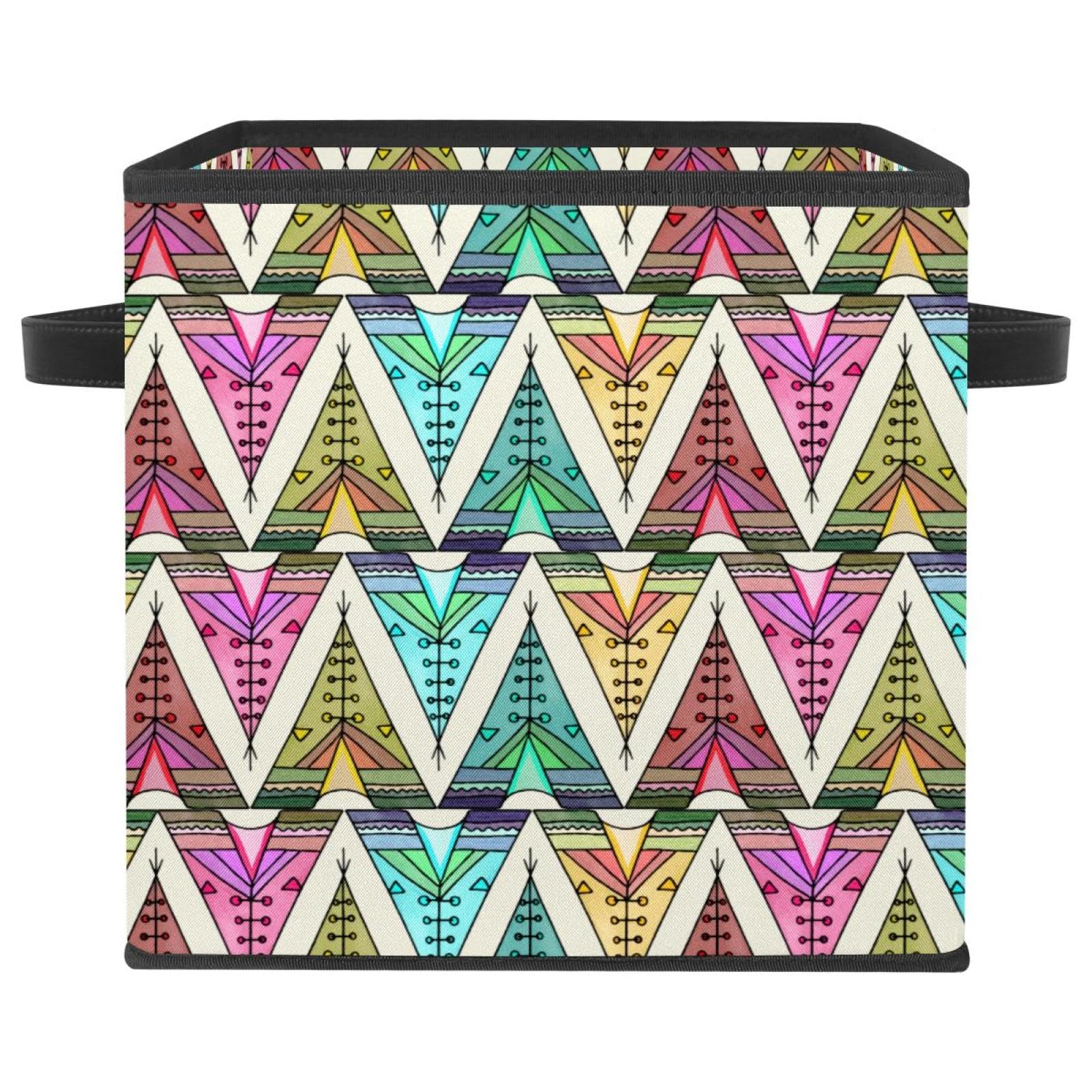Boîte de rangement cube pliable en tissu avec poignées motif tipi