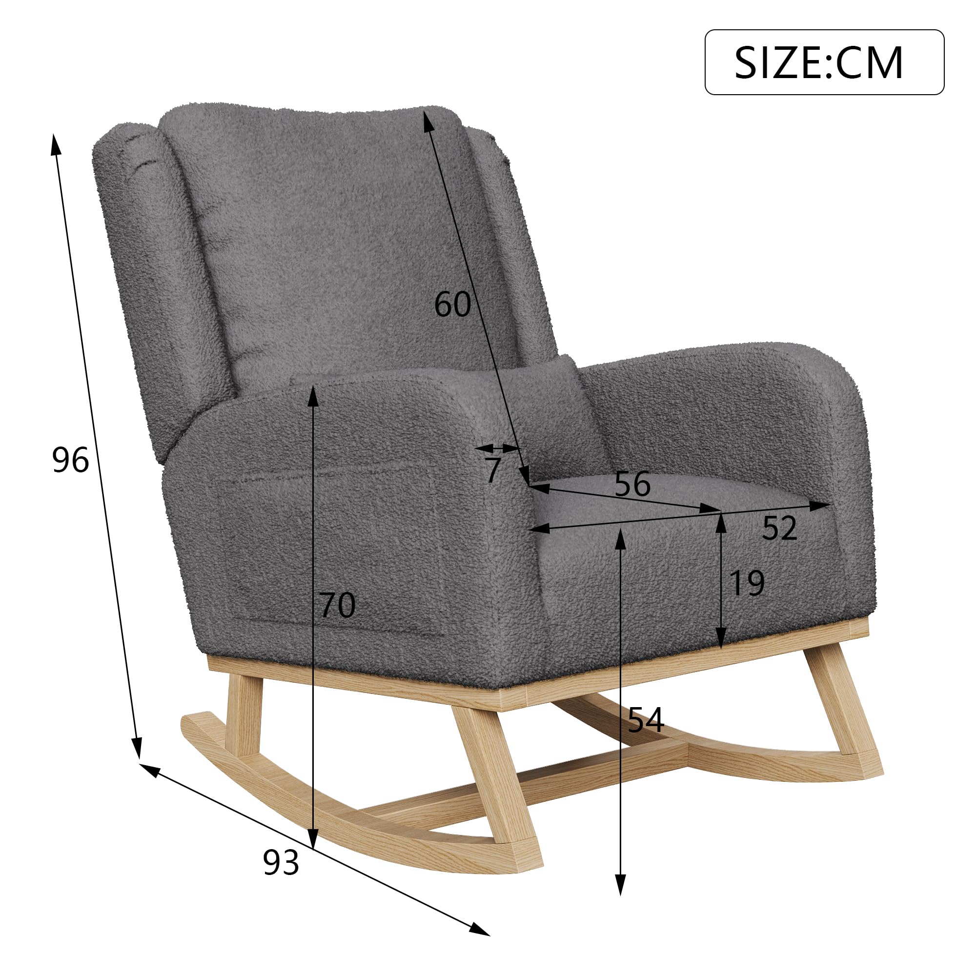 Fauteuil d'allaitement, Fauteuil a Bascule avec Dossier Haut, Coussin Lombaire et Poche Latérale, Chaise Allaitement Chambre Bebe Rocking Chair Bois Interieur pour Salon, Coucher, Tissu en Velours