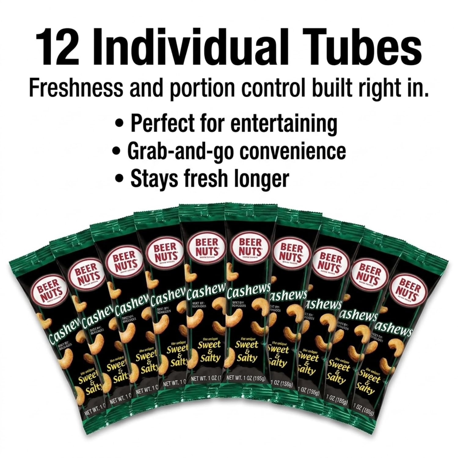 BEER NUTS Individual Tube Bags Display, Sweet & Salty Bar Nuts - Gluten Free, Kosher, Low Sodium Peanut Snacks Made In The USA (12 Pack) (12 Count, Sweet & Salty Cashews)