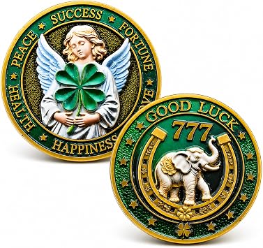 Good Luck Coin,1.77 Inch Lucky Charm with Elephant, 4-Leaf Clover & 777,Double-Sided Prosperity Token, Lottery Ticket Scratcher Tool, Single Coin