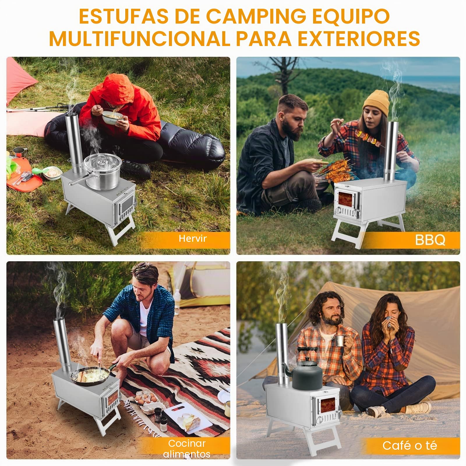 FORNELLO DE CAMPING EN ACERO 304 INOXIDABLE, ULTRALIGERO PORTÁTIL CON AMORTIZADOR GIRATORIO, PIAZZA DE COCCION PLANA, 3 KG