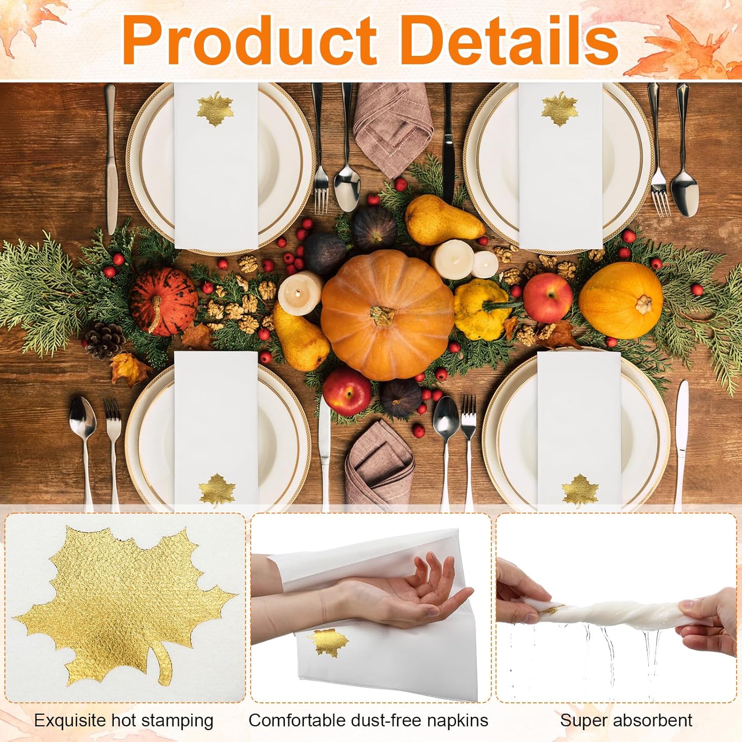Janlaugh 100 Pcs Thanksgiving Linen Napkins Paper Disposable Hand Towels Pumpkin Maple Leaves Foil Stamped Guest Napkins 12"x17" Paper Towels for Bathroom Home(Maple Leaf)