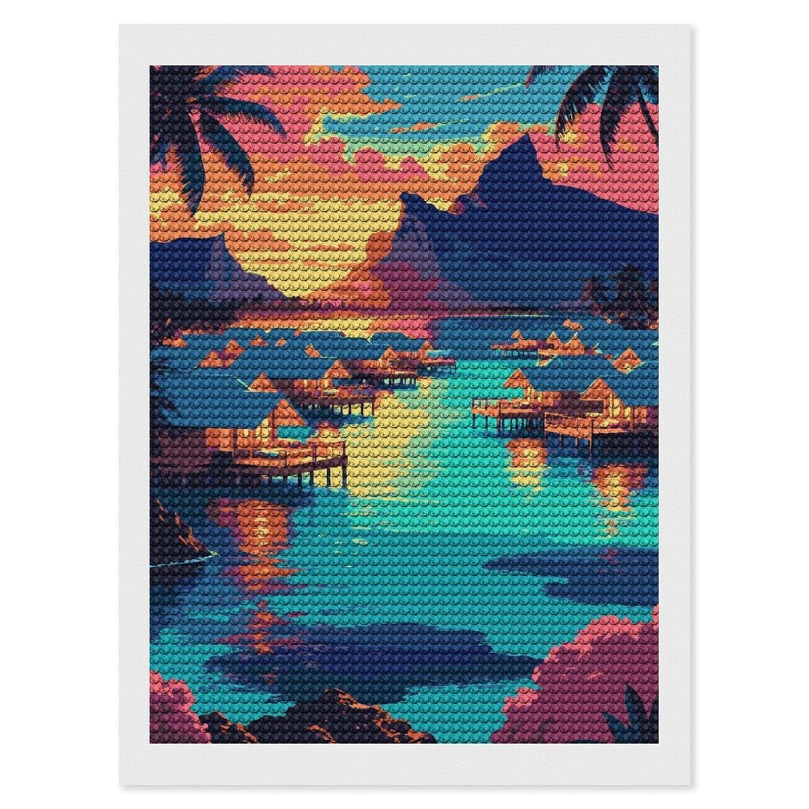 Junmoney Tropical Island Resort at Sunset Diamond Painting Set 12"x16", Sparkling Round Gems, Decorate Your Room, Fun Craft Experience, Modern Decor