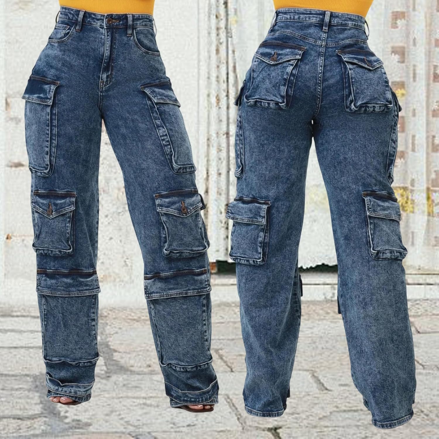 Women's Wide Leg Jeans High Waisted Cargo Pocket Baggy Stretchy Casual Denim Pants - Image 8
