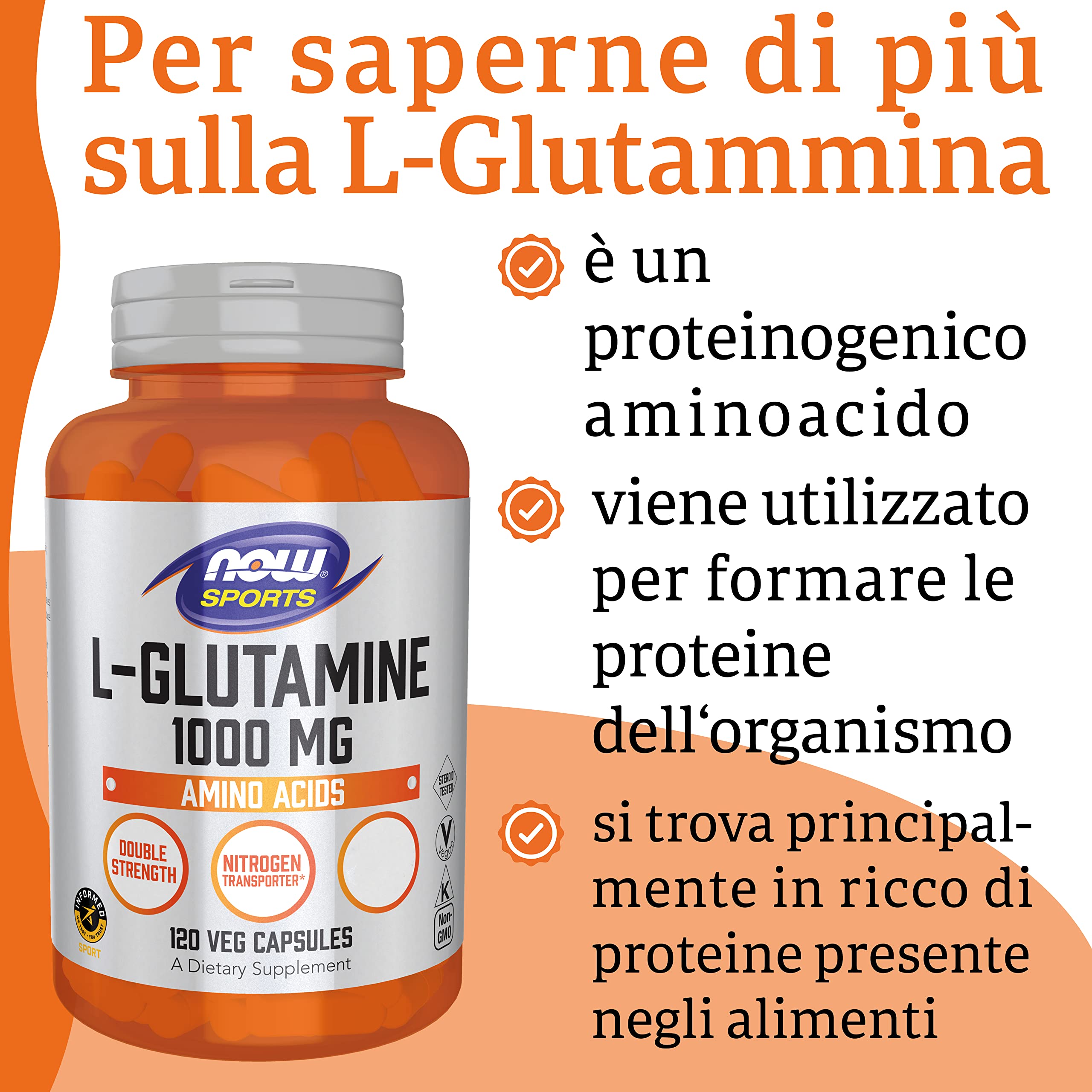 Now Foods, L-Glutammina, Doppia Forza, 1.000 mg, 120 Capsule, Testato in Laboratorio, Aminoacido, Senza Glutine, Senza Soia, Non OGM