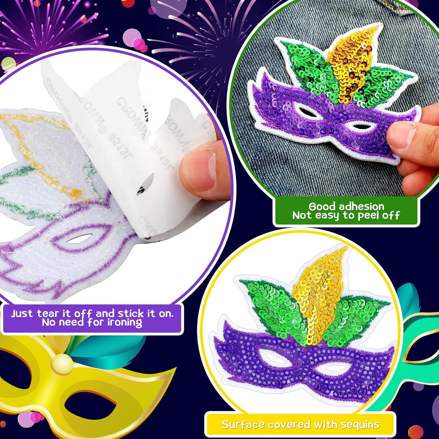 Lyrow 18 Pcs Self-Adhesive Mardi Gras Sequin Patches Glitter Carnival Fleur De Lis Mask Crown Sew on Embroidered Applique Repair Patch for Holiday Jeans Jackets Clothes Backpack Cap DIY Crafts Making - Image 3