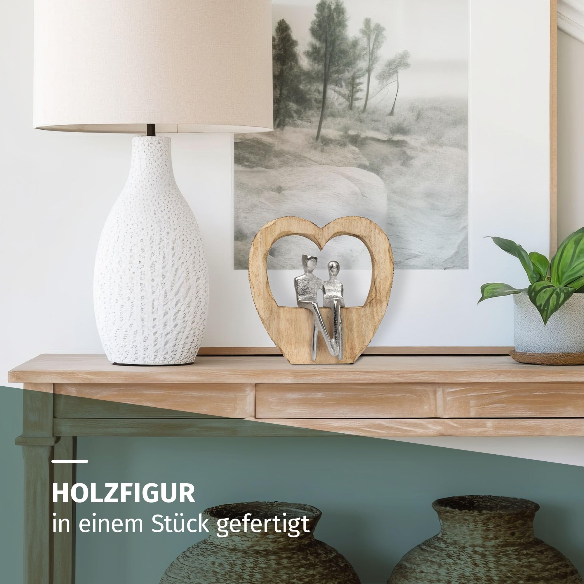 Moritz Figurka dekoracyjna Heartbound 25,5 cm z drewna mango i aluminium rzeźba w kształcie serca z motywem dwóch osób symbol miłości bliskości i bezpieczeństwa, nowoczesna dekoracja, rękodzieło