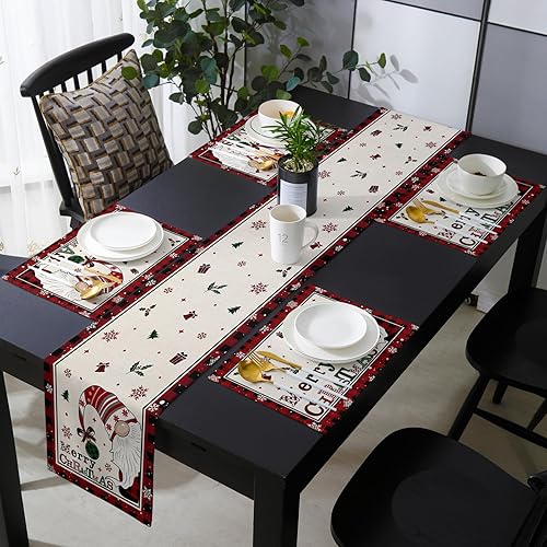 Miniatura 2 de Christmas Gnomes Table Runner with Placemats Set of 6, Cotton Linen Kitchen Dining Mats Long Tablerunner 13"x70" Red Buffalo Plaid Snowflake Table