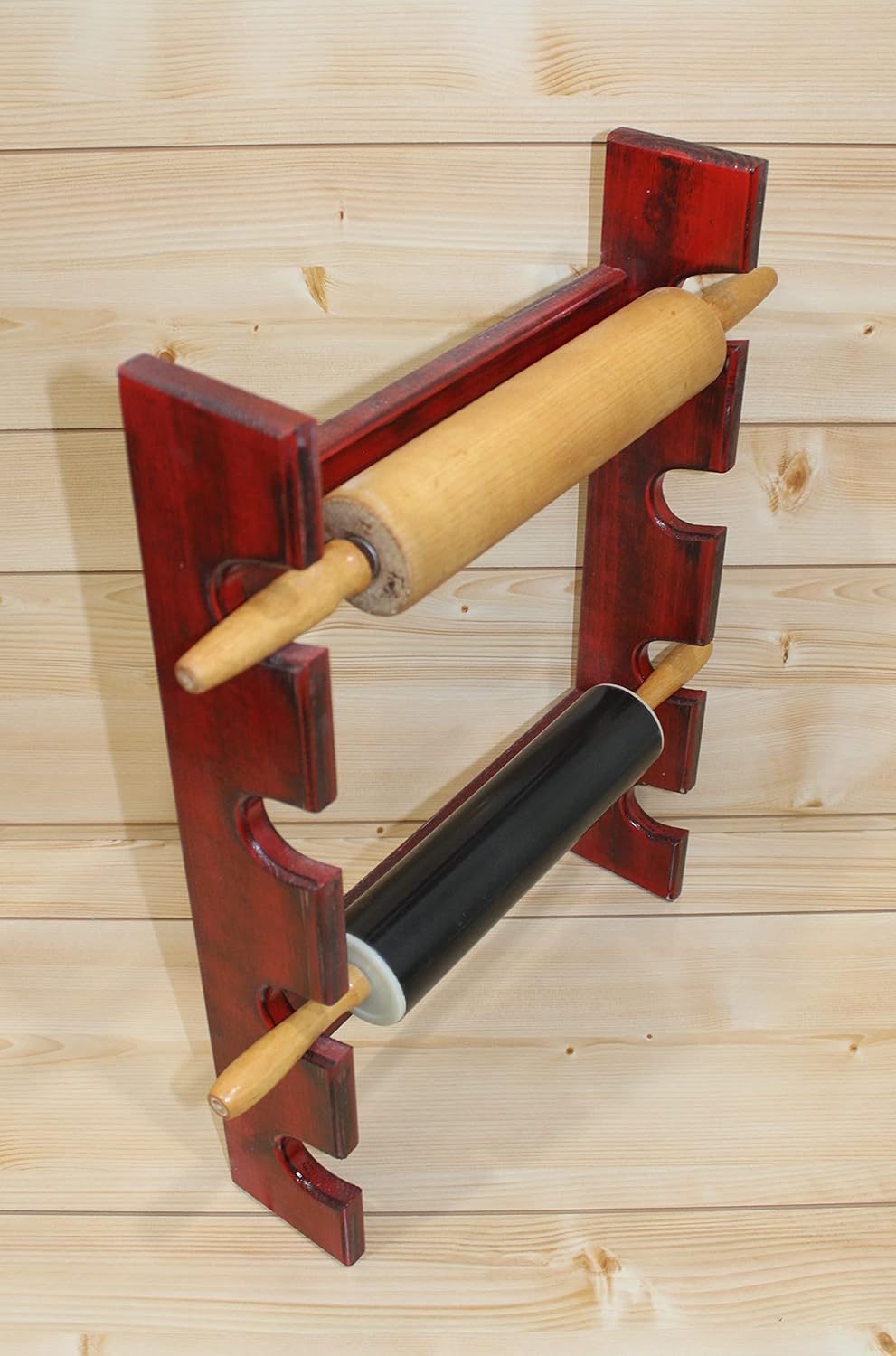 Wooden Rolling Pin Display Rack – Holds 4 Rolling Pins – Wall Mounted Storage for Bakers & Collectors – Antique Red Color – Shabby Chic Red & Black