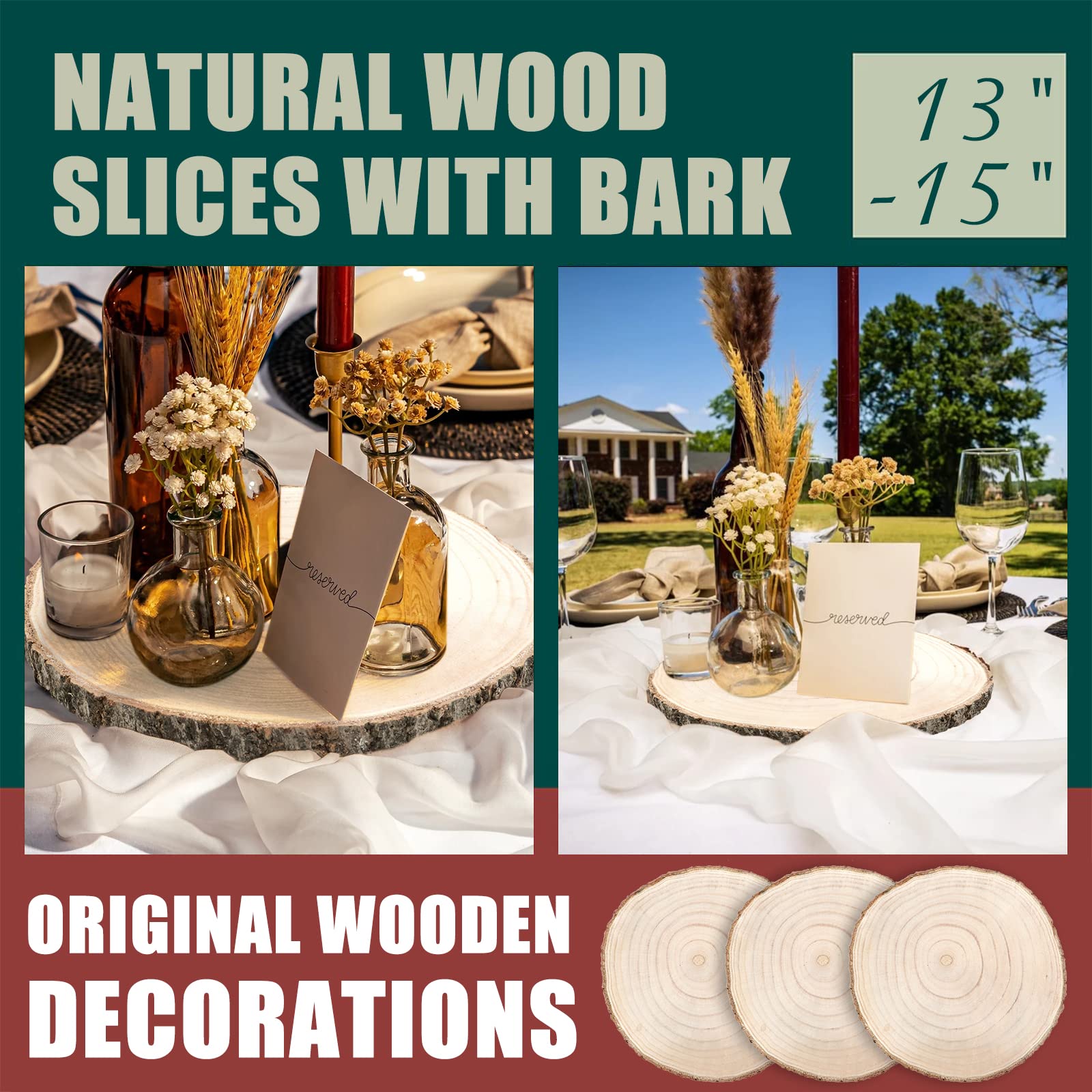 ZYNERY 3 Stück Holzscheiben für Tafelaufsätze 33-38.1 cm, unlackiertes Holz, rund, natürliches Paulownia-Holz-Tafelaufsätze für Tische, DIY Hochzeitsdekoration Holzstücke zum Malen