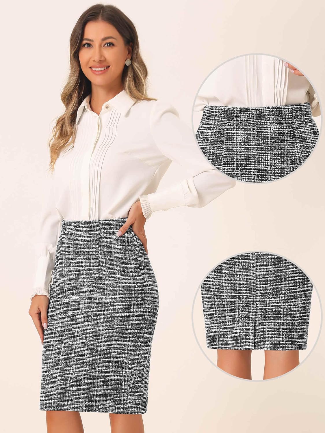 Allegra K Tweed Skirt for Women's Office Work High Waist Split Bodycon Plaid Pencil Skirts - Image 4