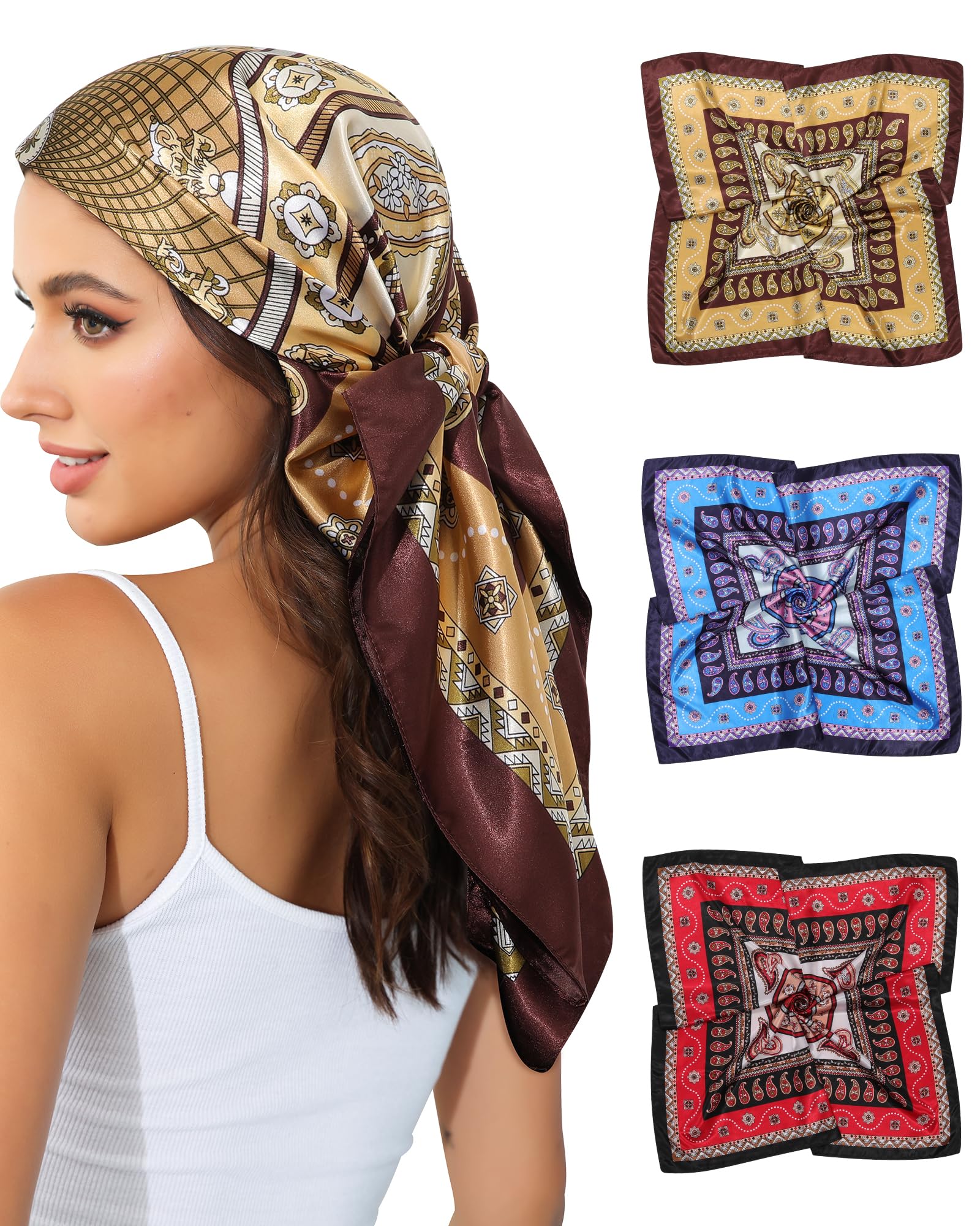 AWAYTR 35” Satin Head Scarf for Women 3Pcs Silk Scarf for Hair Scarf Satin Hair Bandana Women Headscarf Hair Wrap Scarf Neck (Champagne/Blue/Red)