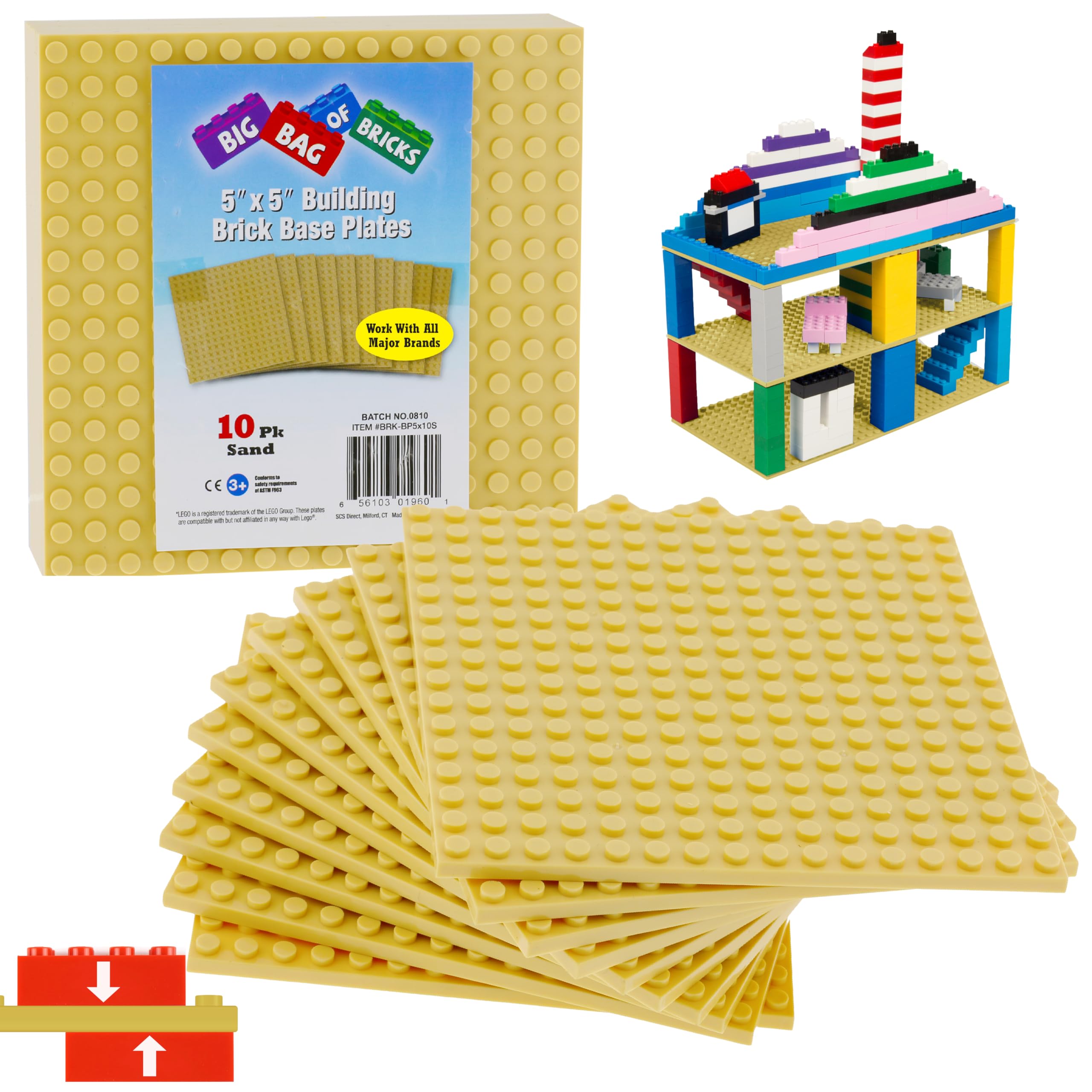 Classic Baseplates for Building Bricks - Set of 10 Sand 5"x5" Building Plates - Compatible with All Major Brands- Great for Activity Tables & STEM Learning- Holiday Xmas Stocking Stuffer Gift for Kids