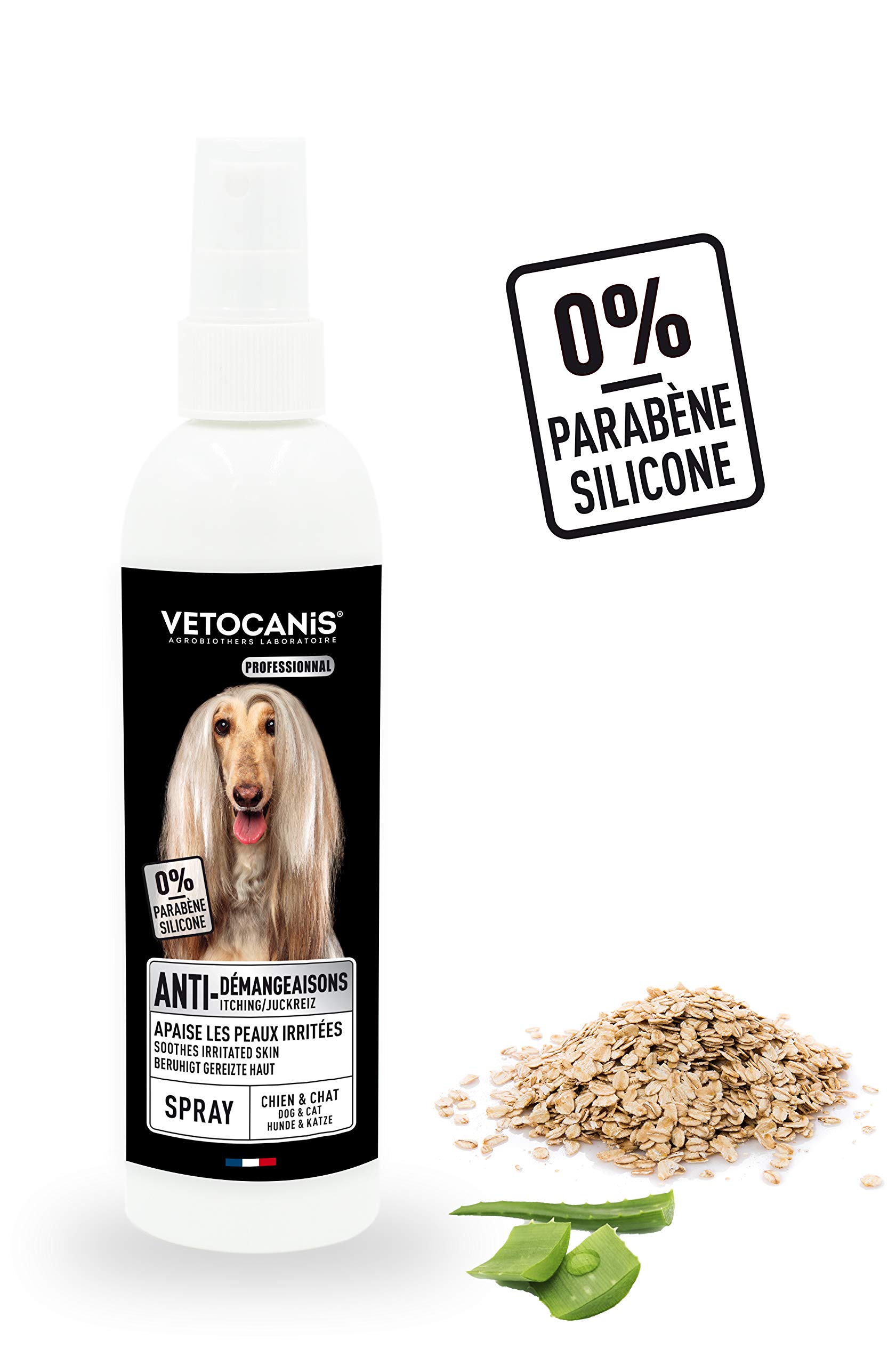 Vetocanis - Spray Anti Démangeaisons pour Chien - Apaise les peaux irritées - Spray à l'Aloé Vera, aux extraits de Mauve et d'Avoine - Sans Parabène ni Silicone - 250 ml
