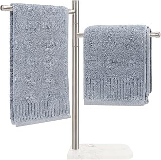 WinmienStanding Hand Towel Holder, Hand Towel Stand with Marble Base, 304 Stainless Steel Towel Rack with 2 Swivel Arm, Countertop Stand Towel Ring Towel Bar for Bathroom (Brushed Nickel,Square