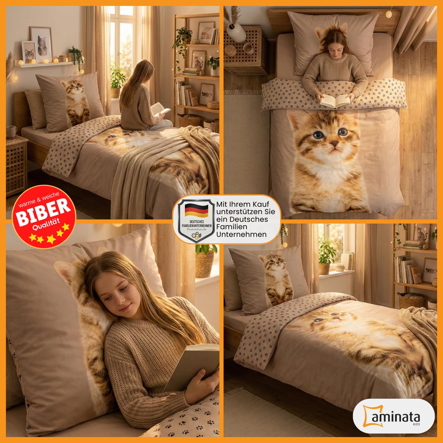 Aminata kids Katzen Bettwäsche 135x200 Biber 100% Baumwolle