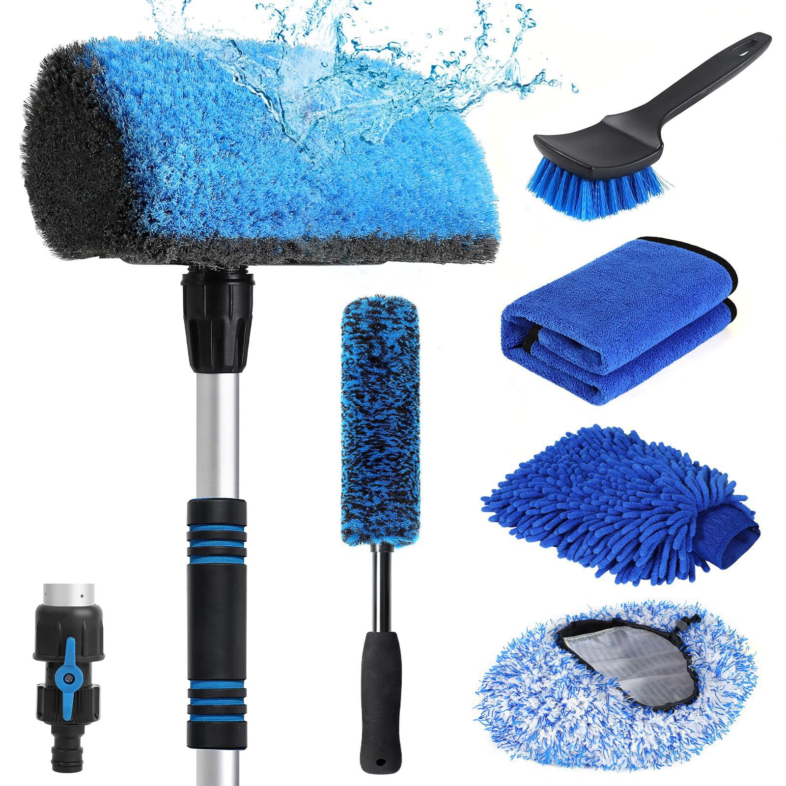 63'' Flow-Thru Car Wash Brush with Long Handle, Complete Soft Bristles Car Washing Brush Mop Kit, with Car Brush Head Cover, Wash Mitt, Towel, Wheel