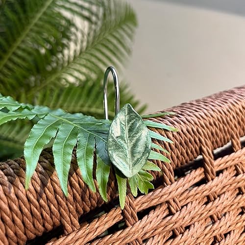 Miniatura 5 de Ganchos de cortina de ducha de hojas verdes, 12 piezas de acero inoxidable a prueba de óxido pintados a mano anillos de cortina de ducha decorativos