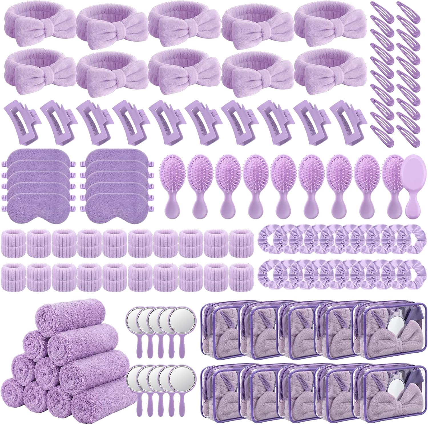 Abbylike 120 Pcs Spa Party Pink Sleepover Party Supplies Bulk Headband Wristband Scrunchies Towels Makeup Bag Mirror Claw Hair Clips Hair Brush Eye Mask for Girls Women Bridal Slumber Birthday Favor