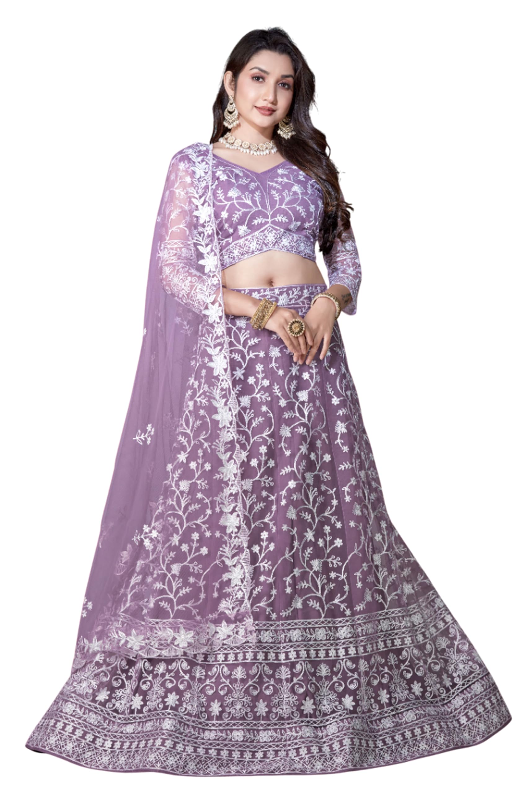 Varni Fabrics Net Embroidered Semi-Stitched Lehenga with Blouse and Dupatta-image-6