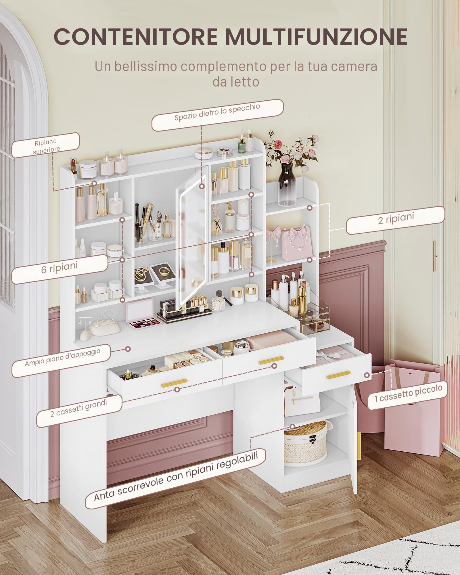 Hzuaneri Toeletta da Trucco, Ampio Piano d'appoggio con Specchio e Luce LED Regolabile, 3 Cassetti e 1 Armadietto, Ripiani Aperti a Più Livelli, per Camera da Letto, Guardaroba, Bianco DT39103X