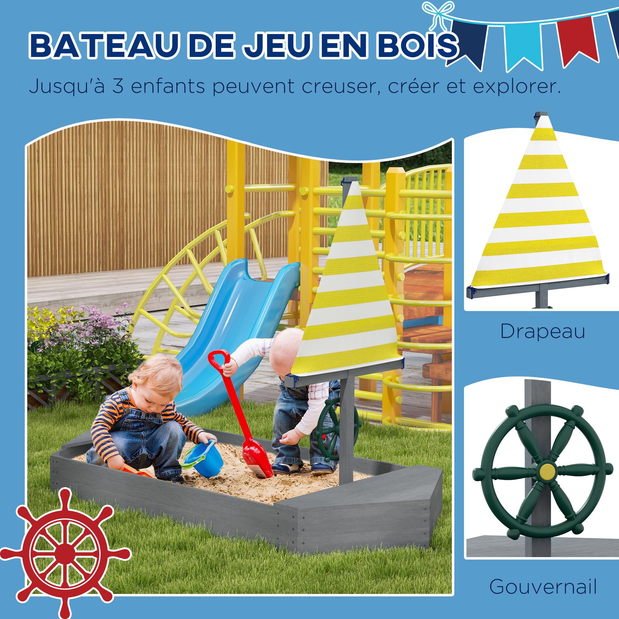 Outsunny Bac à Sable Enfant extérieur en Bois avec sièges, gouvernail | Drapeau, de 3 à 8 ans, capacité de sable 330 kg, gris foncé