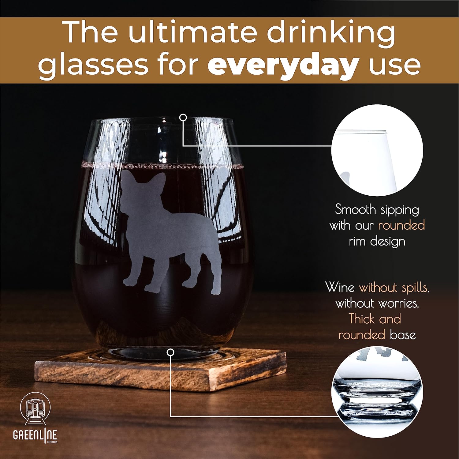 Greenline Goods French Bulldog Stemless Wine Glasses (Set of 2) - Unique for Dog Lovers - Etched 2-Sided Frenchie Silhouette with Breed Name on the Bottom - Image 4