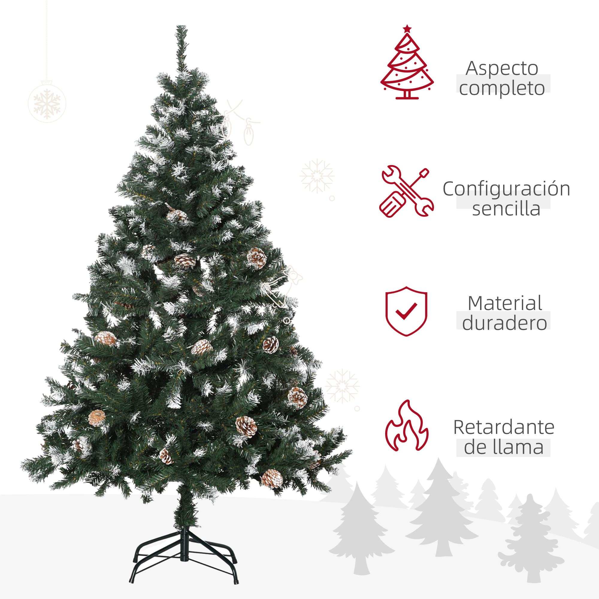 HOMCOM Árbol de Navidad Artificial 150 cm con Nieve con 676 Ramas 41 Piñas Hojas de Plástico Apertura Automática Base de Soporte Metálica y Plegable Decoración Navideña para Interiores Verde
