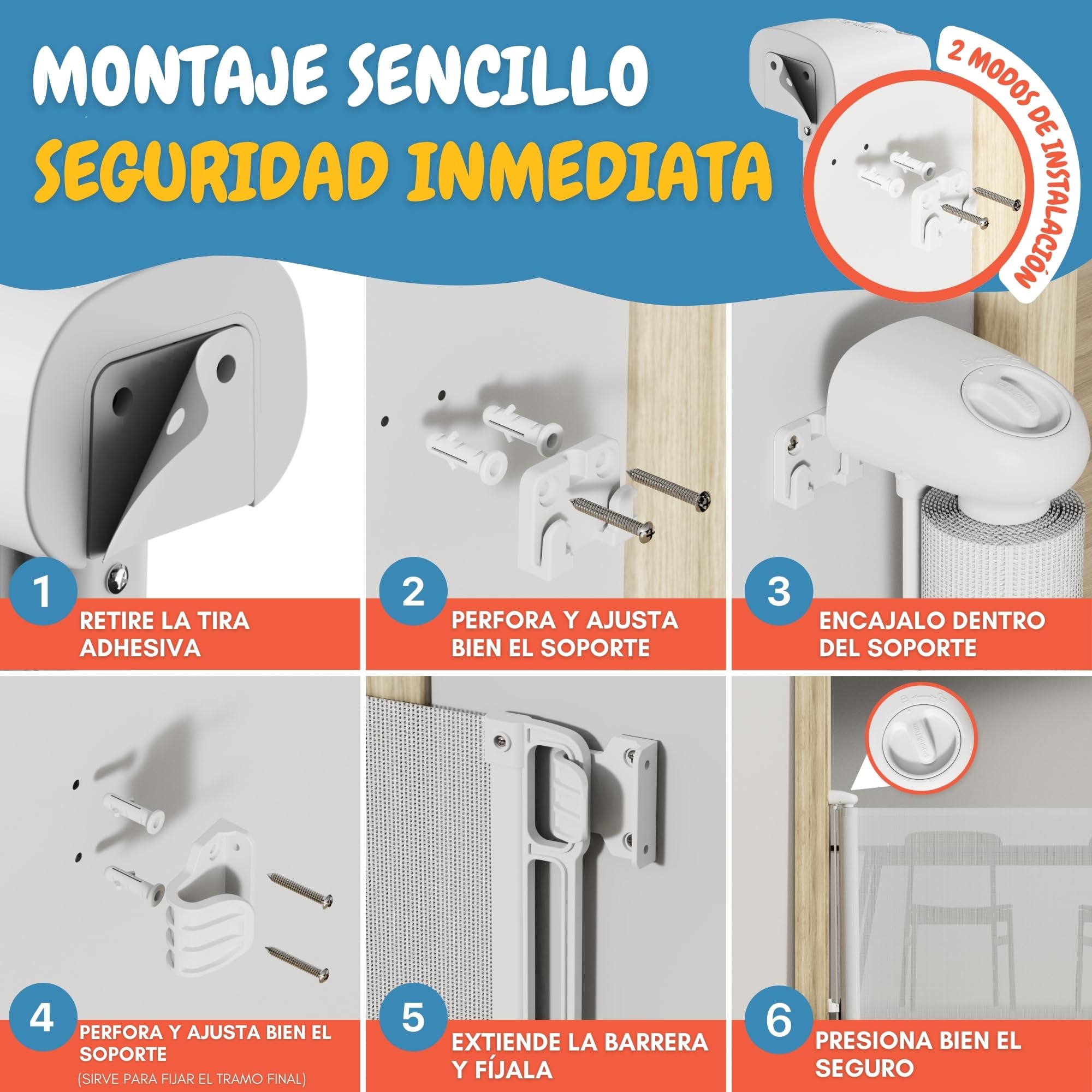 PARVULÍ Barrera Seguridad Niños Escalera Retráctil 0 a 140 cm + 2 Protectores de Puerta - Valla Seguridad Infantil - Barrera Perros Puerta - Puerta Escalera Bebe Seguridad - Interiores y Exteriores