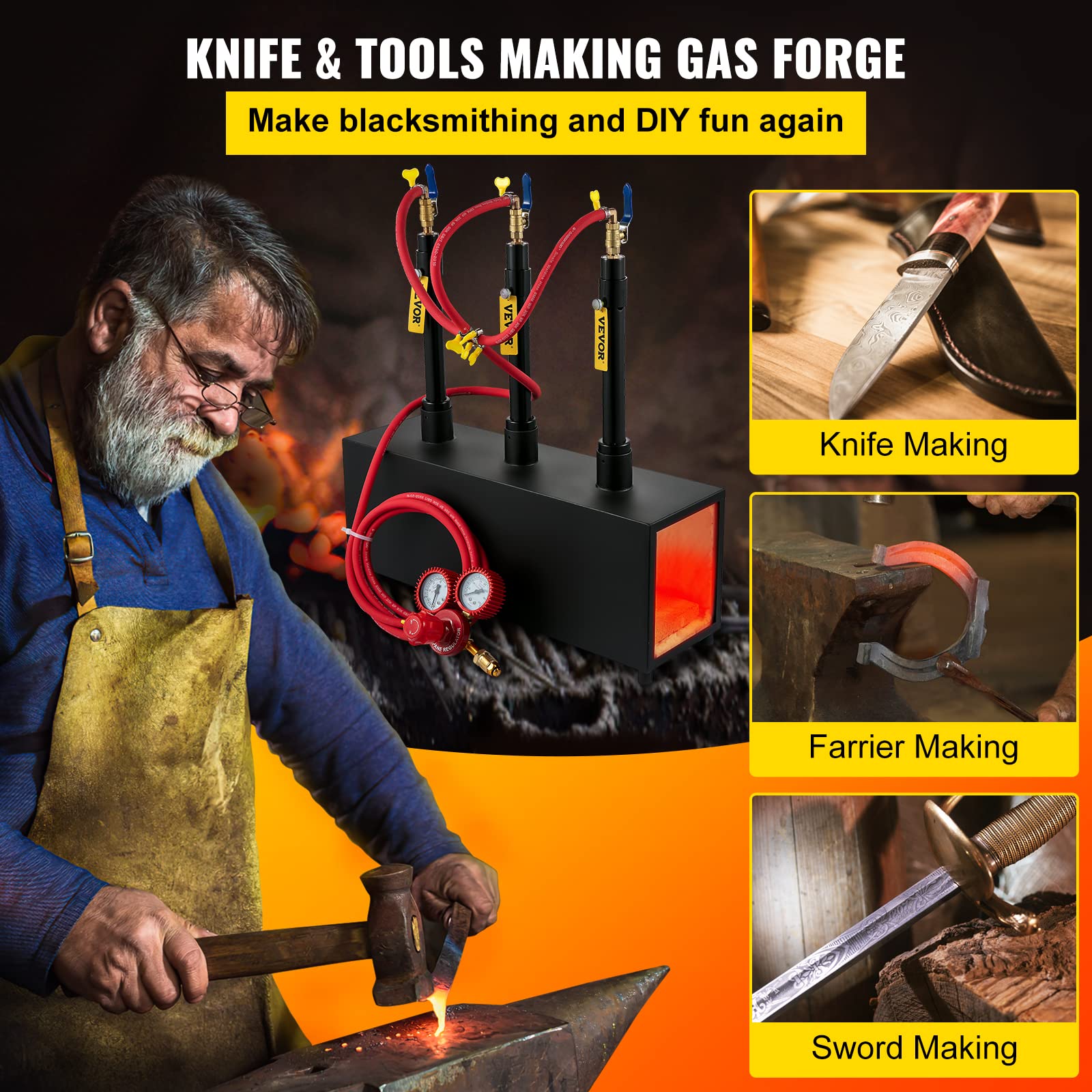VEVOR Forge à Gaz Propane 15 L Four de Fusion Portable, avec 3 Brûleurs 4 Tuyaux de Gaz, 230,4 kW·h Chaleur Rapide Meilleur Effet d'Isolation pour Fabrication Couteaux Forgeage Métaux Noir