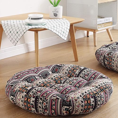 Cojines redondos bohemios de 22 x 22 pulgadas, de lino y algodón suave, estilo bohemio, para yoga, mandala, meditación, tatami, cojín de suelo para
