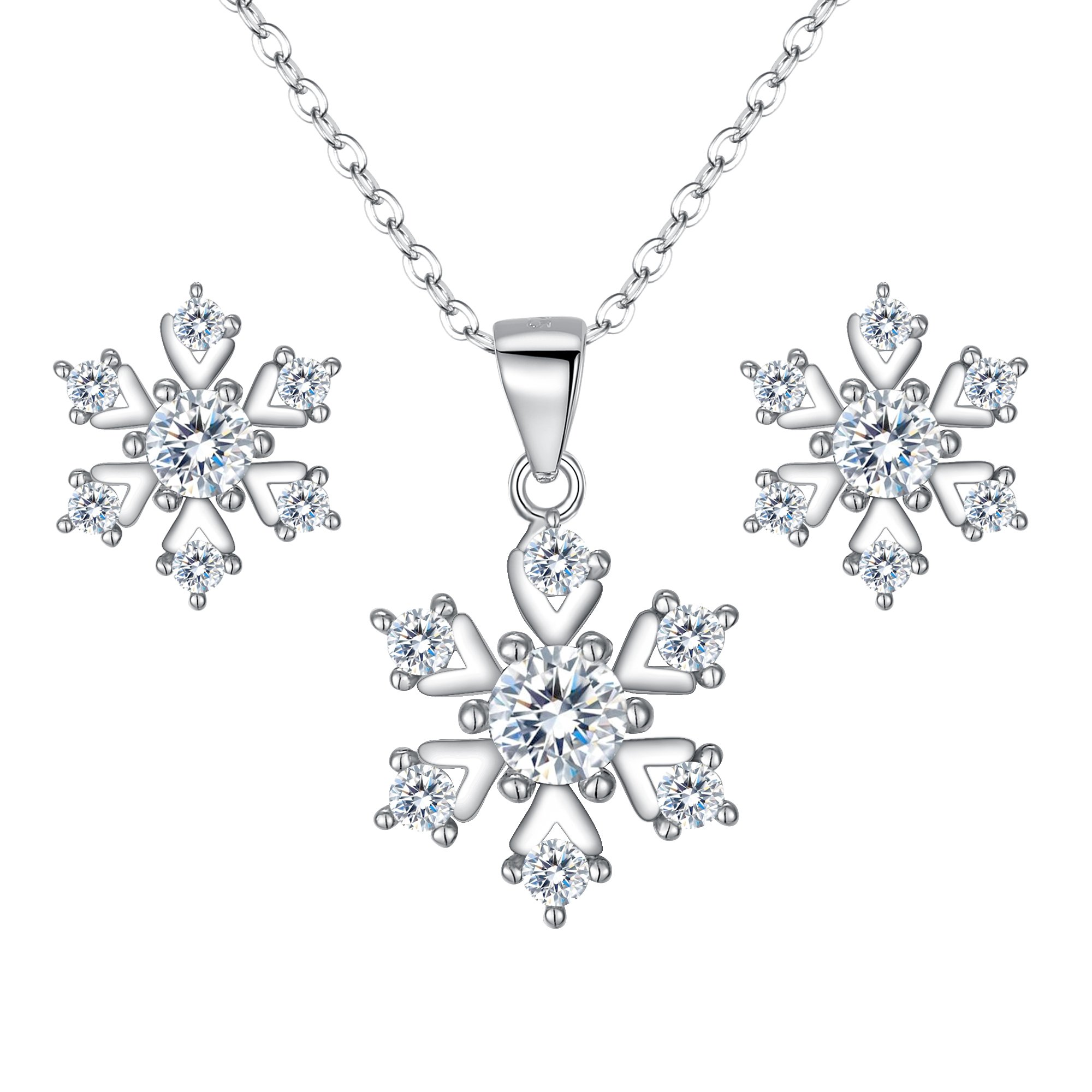 Zolkamery Kerstmis sieradenset voor dames, 925 sterling zilver sneeuwvlok halsketting met hanger, oorbellenset, 45 5 cm zilveren ketting & sneeuwvlok oorbellen met haken en 5A zirkonia, sieradenset